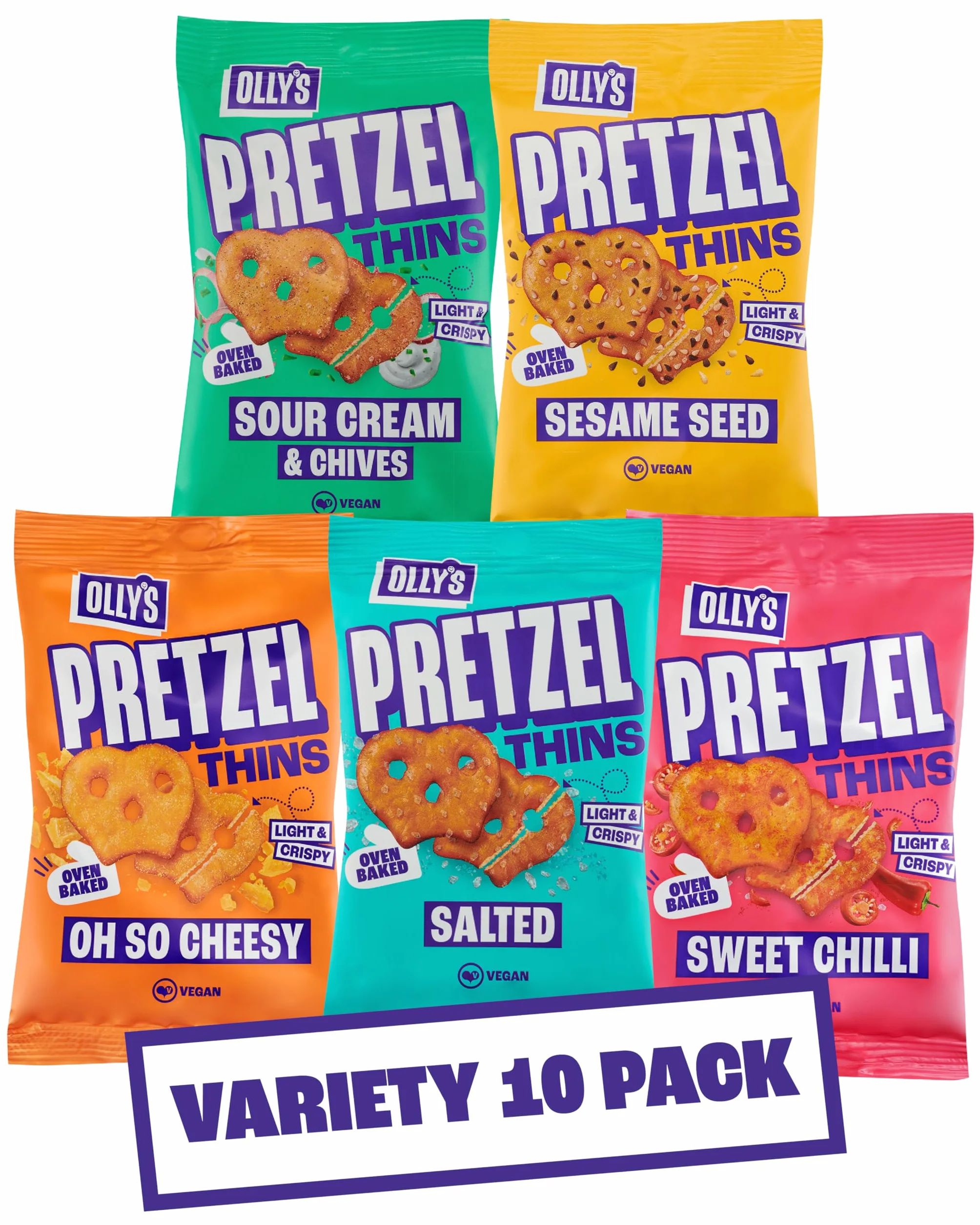 Olly's Pretzel Thins, nuova confezione varietà, 35 g (confezione da 10), x2 salati, x2 semi multipli, x2 panna acida, 2 peperoncini dolci x2 formaggio, snack ipocalorici, basso contenuto di grassi,