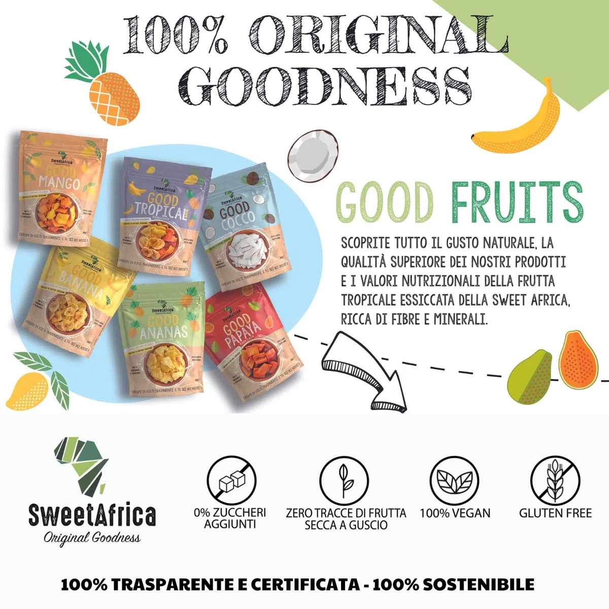 SweetAfrica - Good Ananas - Ananas essiccato a fette, senza zuccheri aggiunti, snack alla frutta essiccata - 200g x 6pz