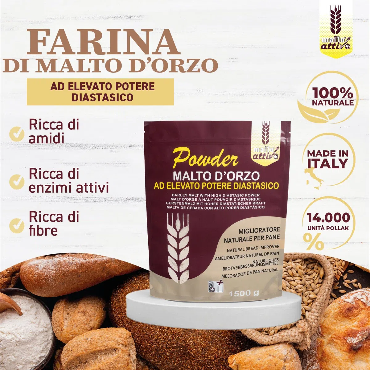 Malto Attivo, Box Powder da 3 pz di Powder 1.5Kg, Farina di Malto d’Orzo ad Elevato Potere Diastasico, Malto Diastasico Ideale per Panificazione, 14.000 Unità Pollak, Made in Italy.