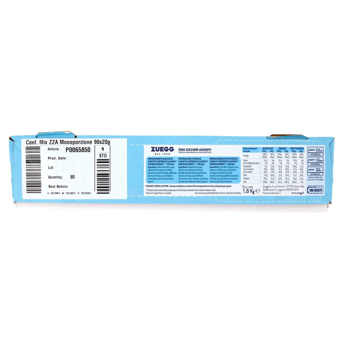 Zuegg Confettura Extra Zero Zuccheri Aggiunti Monodose, Gusti Albicocca, Fragola, Frutti di Bosco - 90 Monoporzioni da 20g (30 pz per Gusto) Ideale per B&B, Hotel, Buffet (90 Porzioni x 20g)