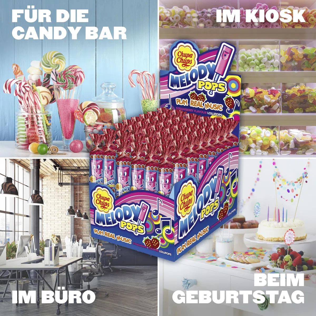 Chupa Chups Melody Pops, Lollipop Fischietto, Gusto Fragola, Confezione da 48 Lecca Lecca Monoporzioni, Ideale per ogni Occasione, da Condividere con Amici o da portare sempre con te