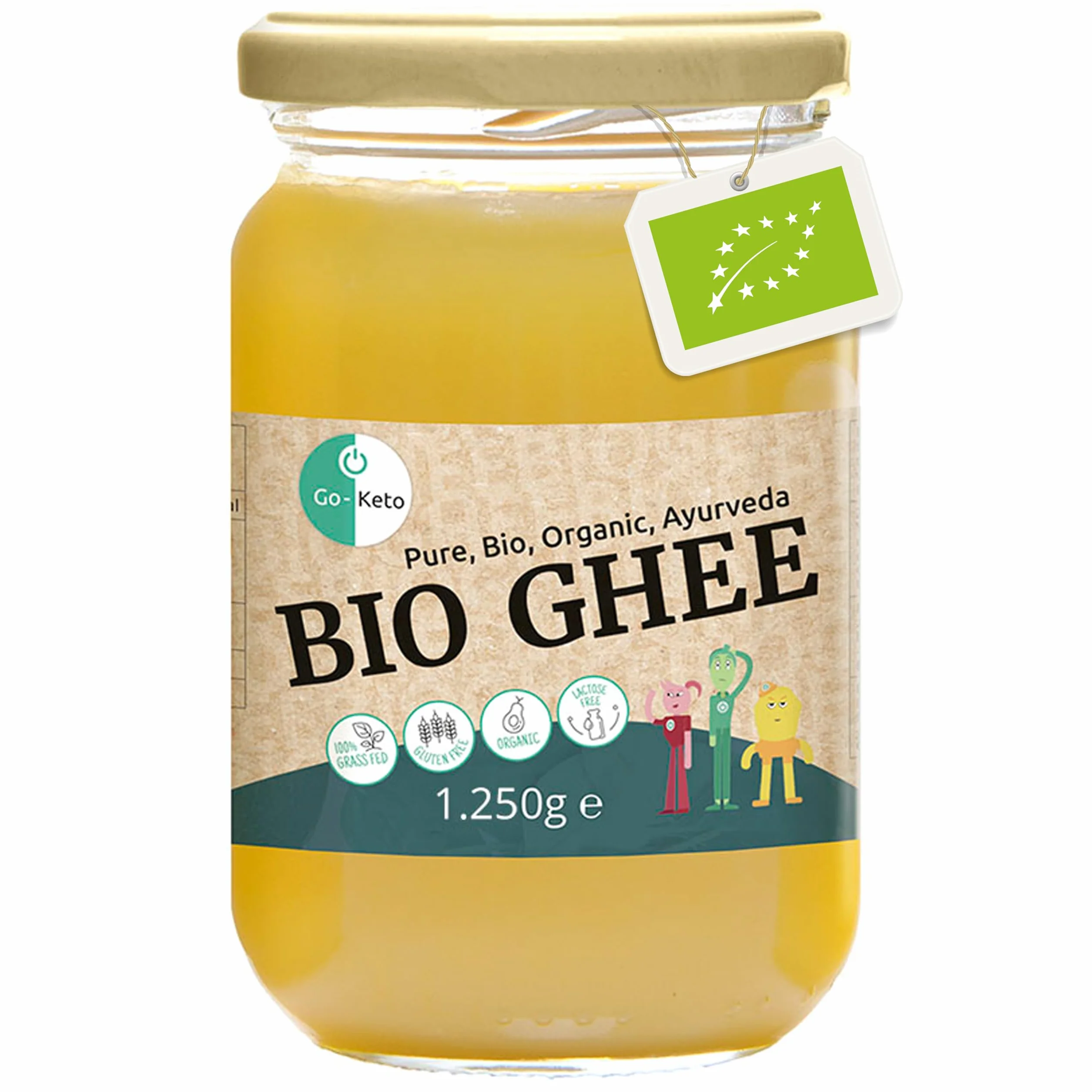 Go-Keto BIO Ghee, 1250g | Burro 100% chiarificato, certificato BIO, Ayurveda | perfetto per la dieta cheto | ideale per cuocere e arrostire | Senza lattosio, senza glutine, low carb