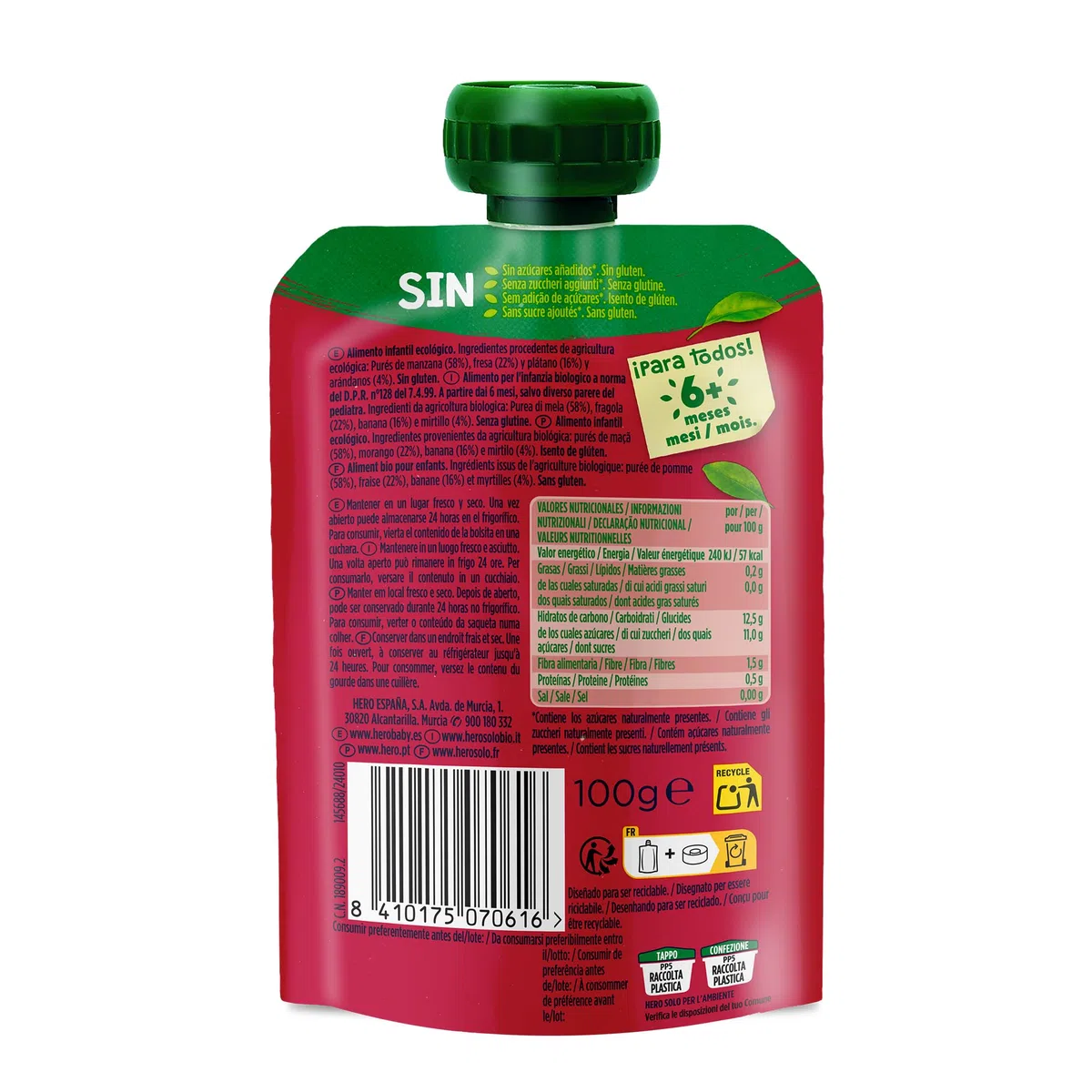 Hero Solo Pouch Frutta Frullata 100% Bio Mela, Banana, Fragola e Mirtillo, senza Zuccheri Aggiunti, Conservanti e Coloranti, senza Glutine, dai 4 Mesi in su - Pack da 18 Confezioni X 100 G