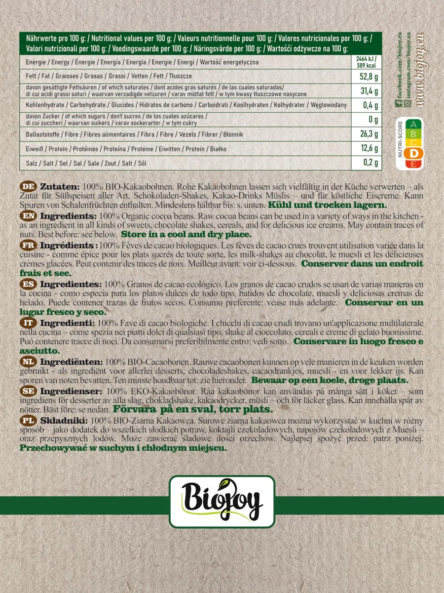 Biojoy Fave di Cacao Biologiche (500 g), crude e intere, senza zuccheri aggiunti (Theobroma cacao)