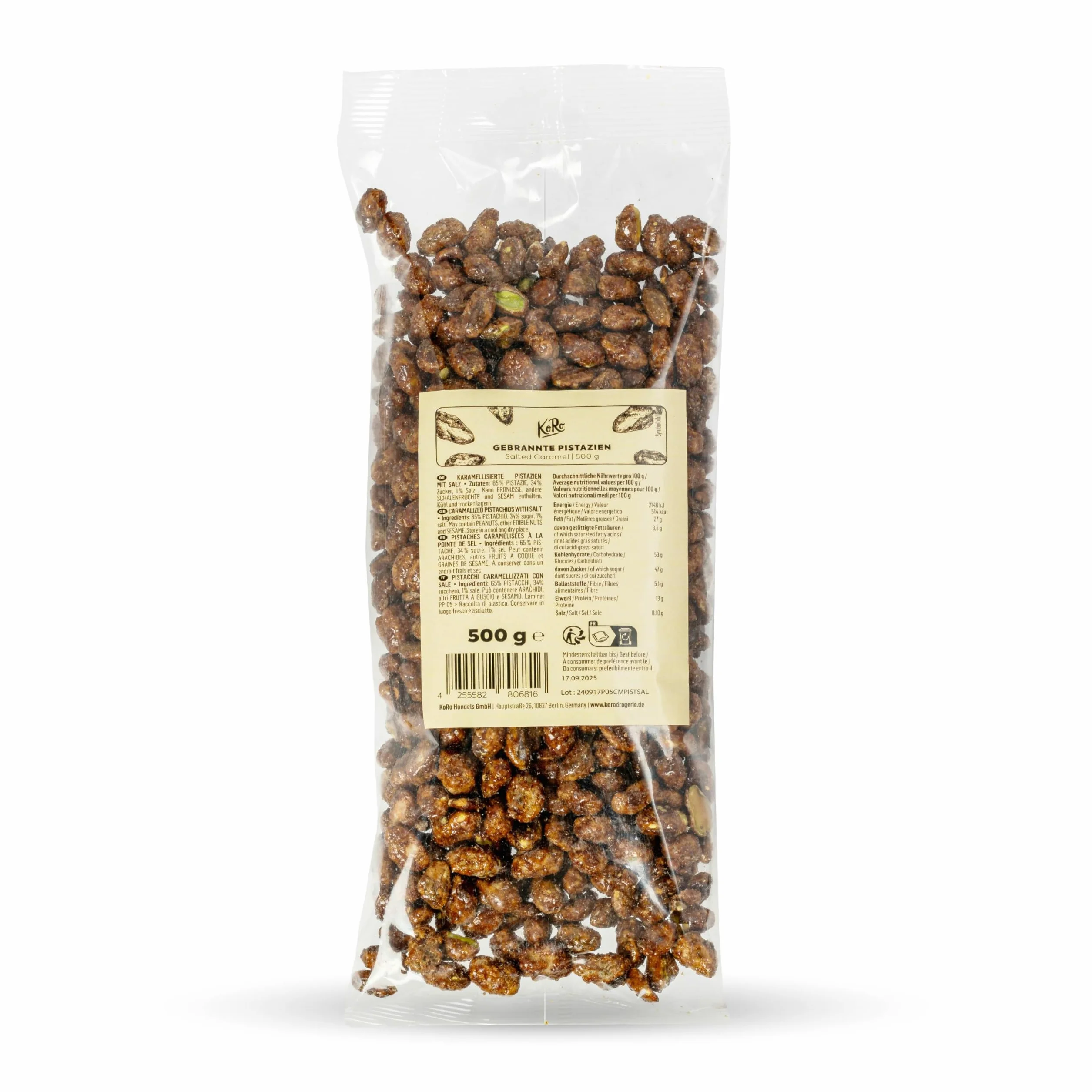 KoRo - Pistacchi tostati al caramello salato 500 g - Pistacchi interi caramellati e tostati con un pizzico di sale - combinazione di dolce e salato - confezione XXL da 500 g
