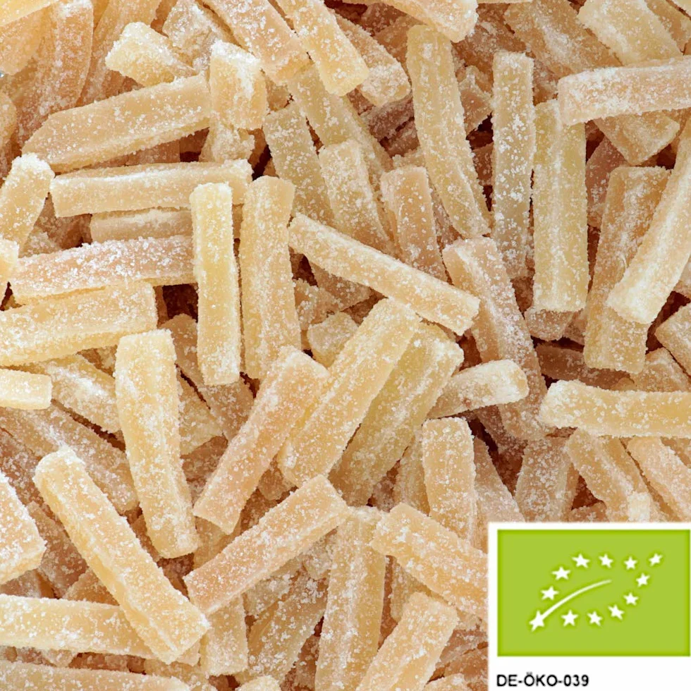 1kg di bastoncini delicati di zenzero BIO: bastoncini di zenzero canditi e zuccherati della migliore qualità biologica, senza solfiti