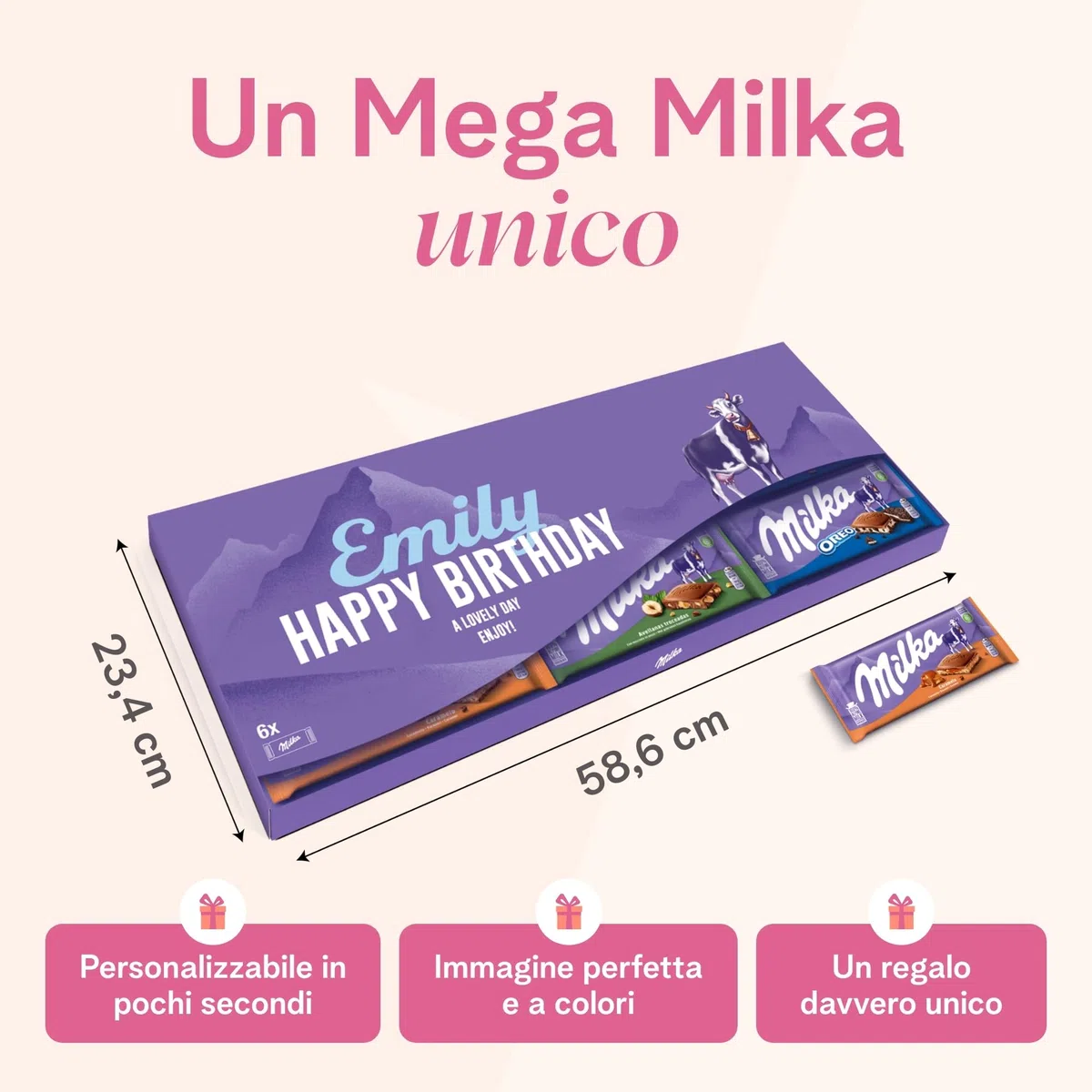 XXL Barretta Milka gigante personalizzata - Regalo di Compleanno & Anniversario per Uomo & Donna con Nome e Messaggio, con deliziose barrette di cioccolato Milka (6 Tavolette)