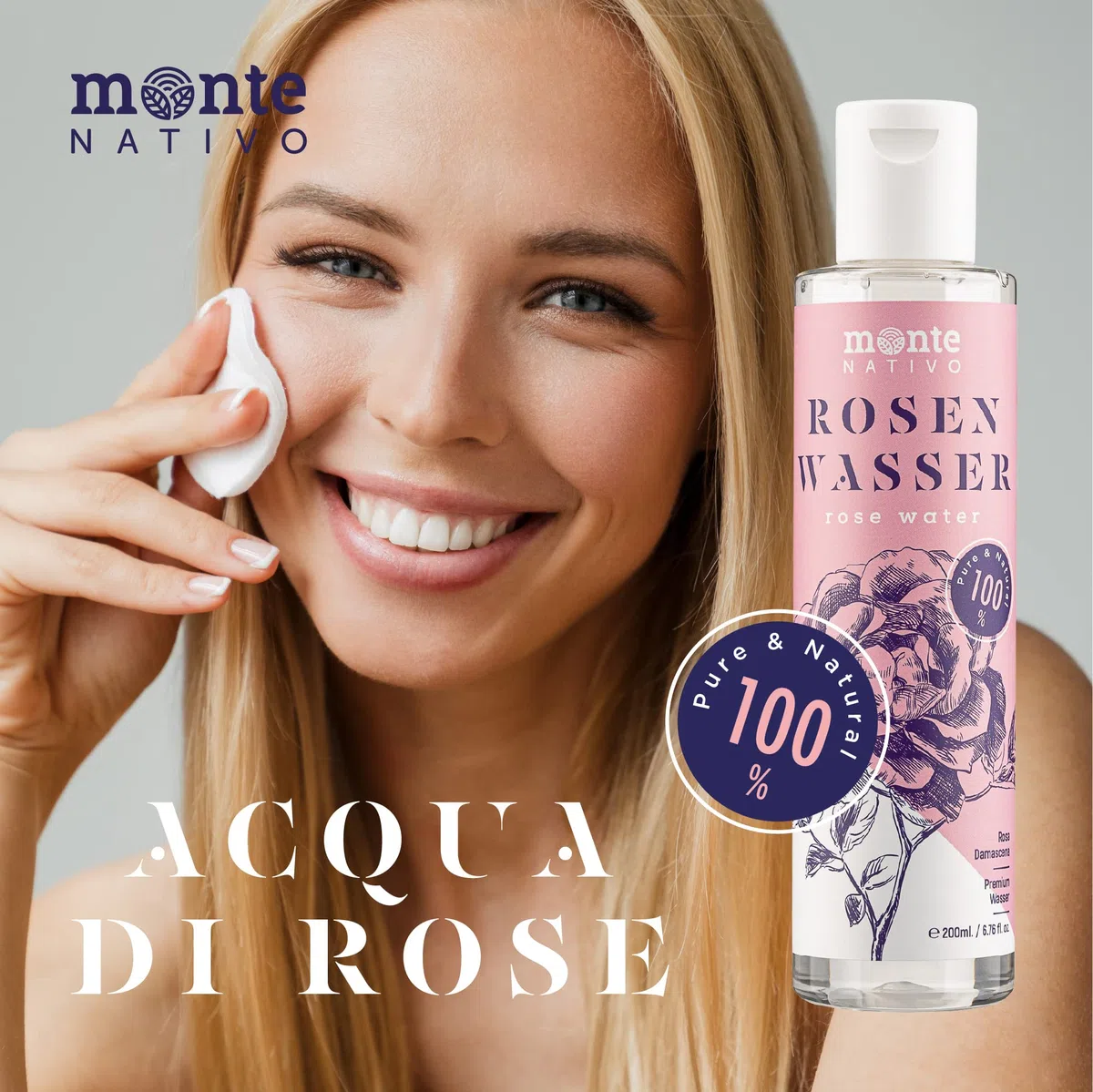 Acqua di Rosе Purа MonteNativo 2x500ml(1000ml)-100% Naturale, Vera Acqua di Rose, Puro e Naturale, Idrolato di Rose Naturali, Doppia Distillazione di Vapore Acqueo, Cosmetici Naturali, Rosa Naturale