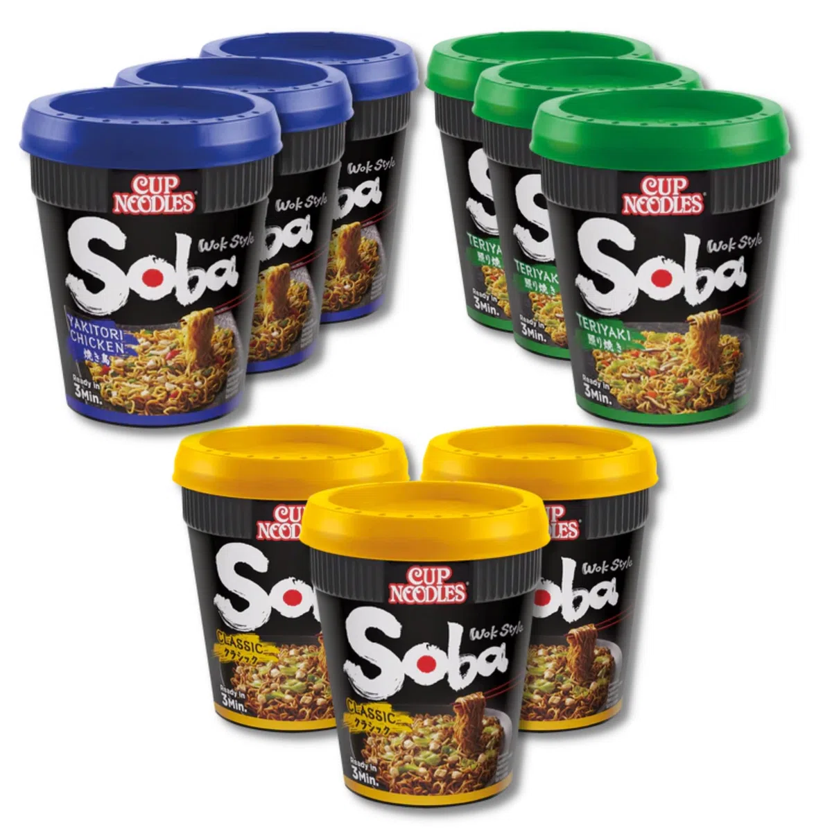 Nissin Soba Noodles - Confezione multipla di 9 coppette per noodles Nissin Soba Classic, pollo Yakitori e Teriyaki, con etichetta regalo TGBK