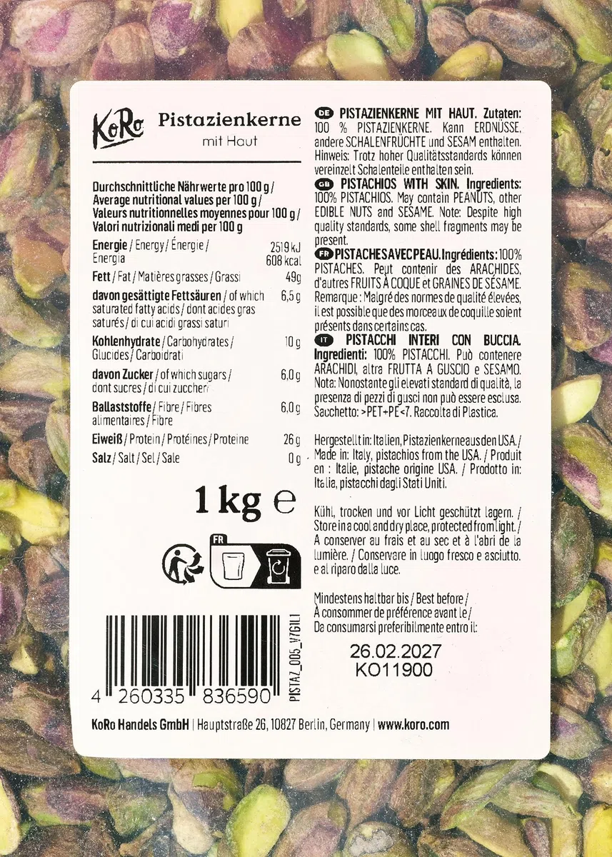 KoRo - Pistacchi sgusciati 1 kg - croccanti e sfiziosi - per le ricette o come snack - maxi confezione