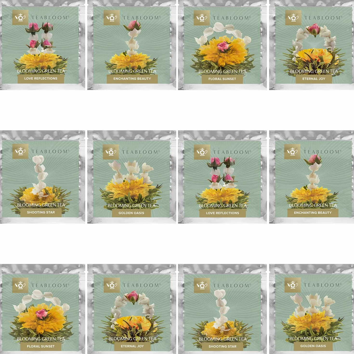 Teabloom Tè in Fiore – 12 Pregiate Varietà di Fiori di Tè – Foglie di Tè Verde e Fiori Commestibili Intrecciati a Mano – Elegante Confezione Regalo da 12 Pezzi