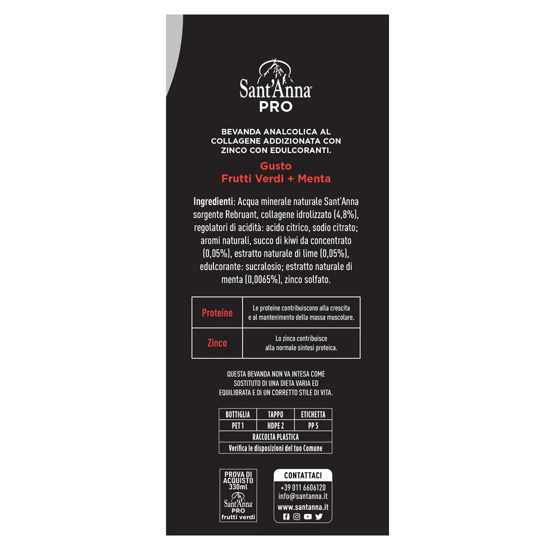 Sant'Anna PRO Frutti Verdi 0,33L | confezione 12 Bottiglia | Bevanda Proteica in Acqua Sant'Anna | Alto Contenuto di Proteine | Perfetta per chi pratica sport, idrata