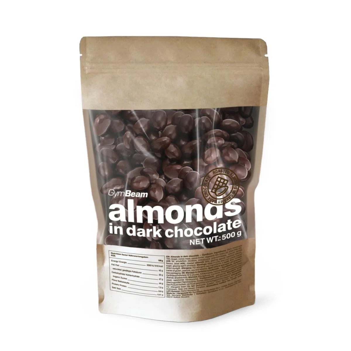 GymBeam Mandorle Ricoperte di Cioccolato Fondente 500 g, Snack Ricco di Fibre dal Gusto Irresistibile, Perfette per Decorare Torte e Dolci, Fonte di Grassi Sani