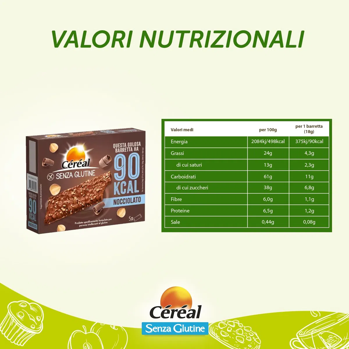 Céréal Nocciolato, Barrette senza Glutine con Cereali e Cioccolato, Snack Gustoso e Ricco di Fibre con solo 90 calorie per Biscotto, Pack di 8 confezioni da 5 barrette (8 x 5, 90 gr)
