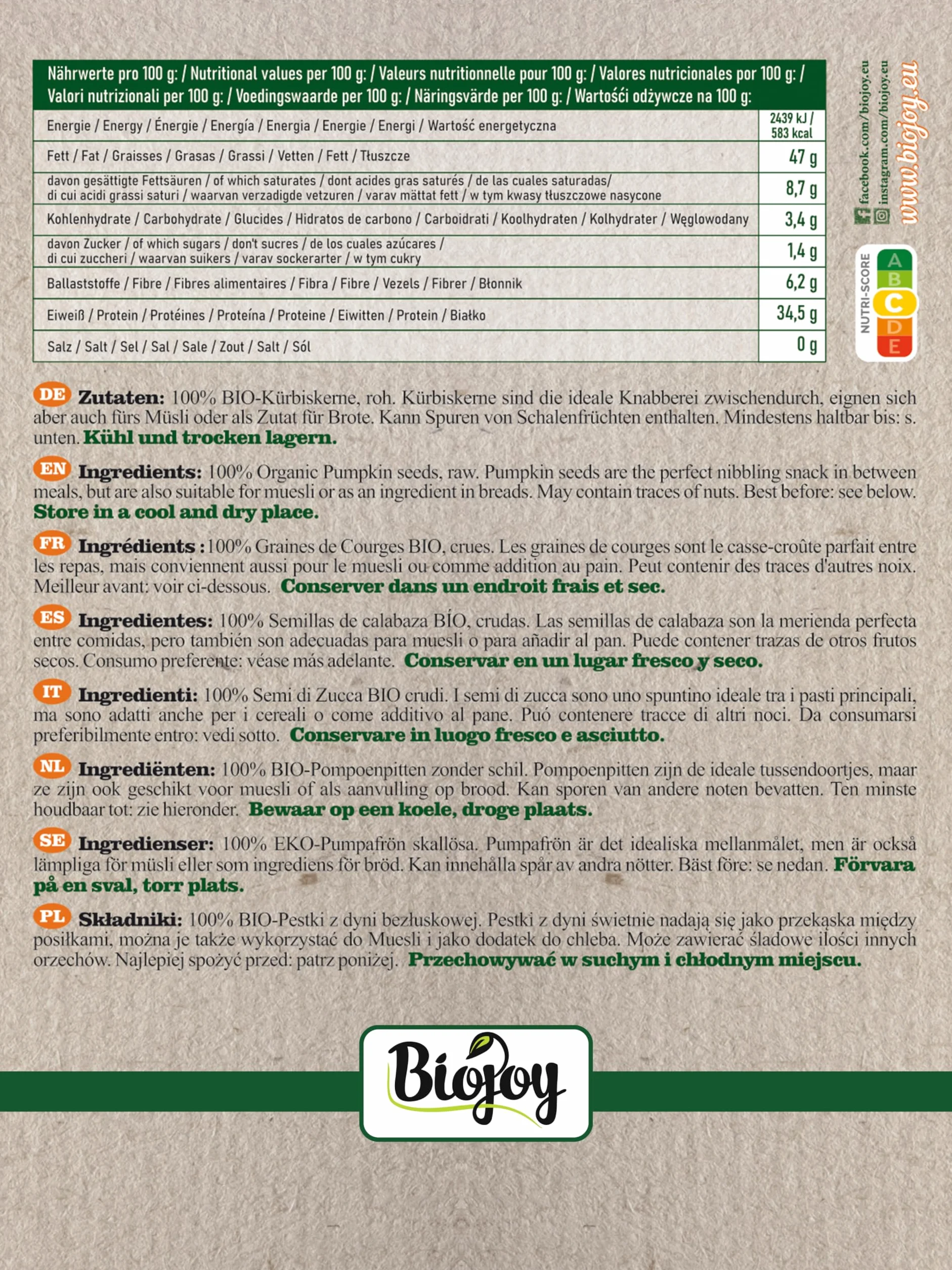 Biojoy Semi di Zucca BIO (1 kg), sgusciati e senza sale