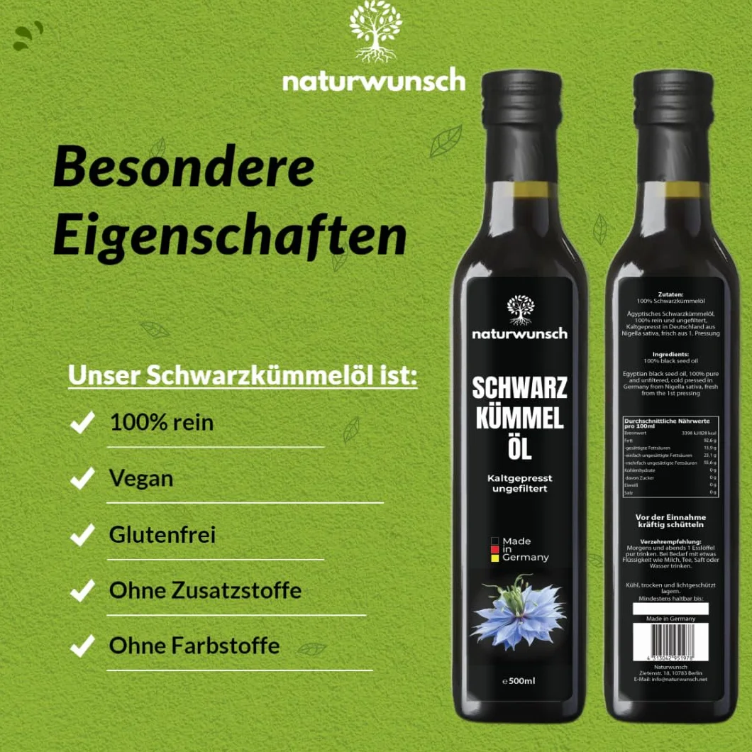 naturwunsch Olio di cumino nero, 500 ml, non filtrato, spremuto a freddo, prodotto fresco in Germania, originale Nigella Sativa