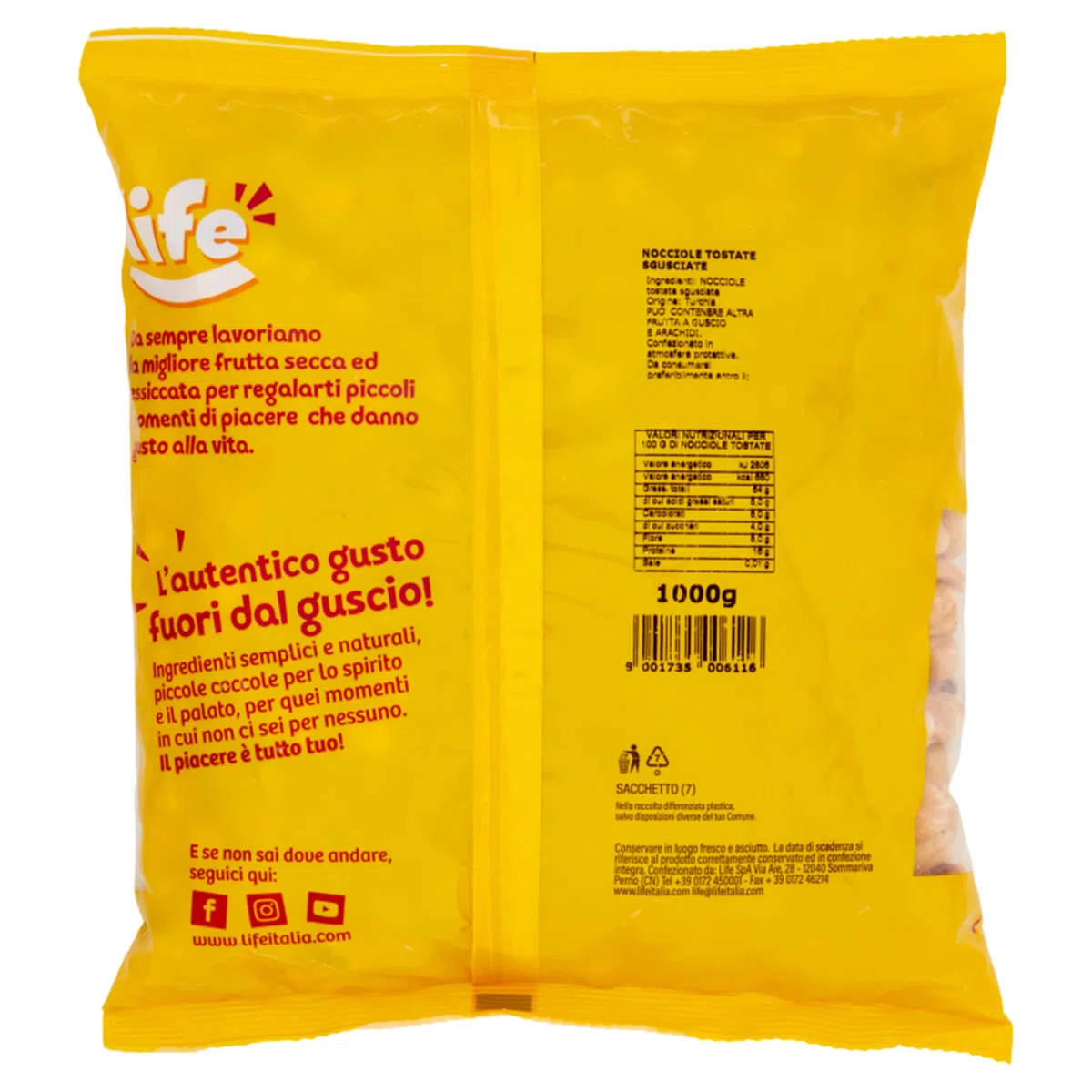 Life | Nocciole Tostate e Sgusciate, Ricche di Fosforo, Magnesio e Potassio, Frutta Secca Ideale come Snack, Formato Convenienza da 1kg
