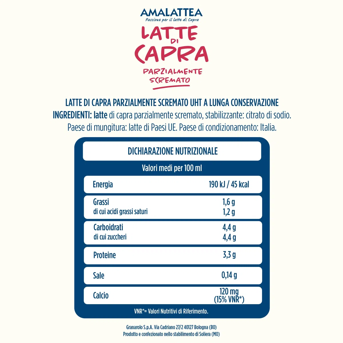 Granarolo, Latte di Capra Amalattea, 6 Confezioni di Latte Parzialmente Scremato UHT da 1 lt, Dal Gusto Morbido, Ricca Fonte di Calcio