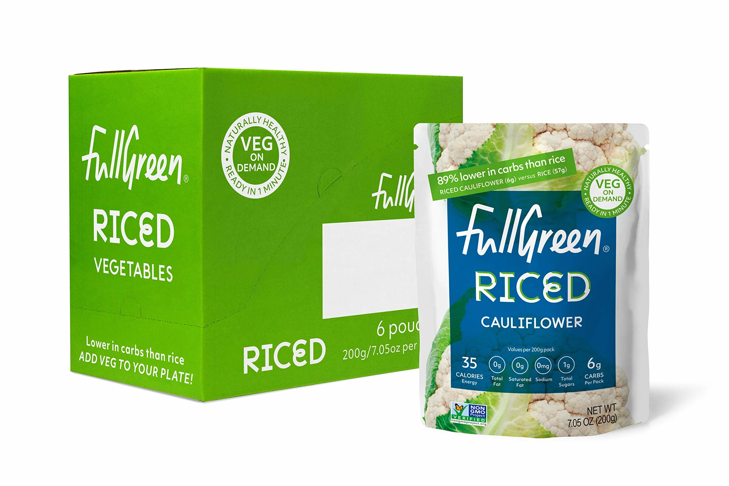 Fullgreen, Cavolfiore riso - 100% cavolfiore, 89% in meno di carboidrati rispetto al riso - Perfetto per diete KETO, NON OGM, stabile senza conservanti - confezione da 6 sacchetti