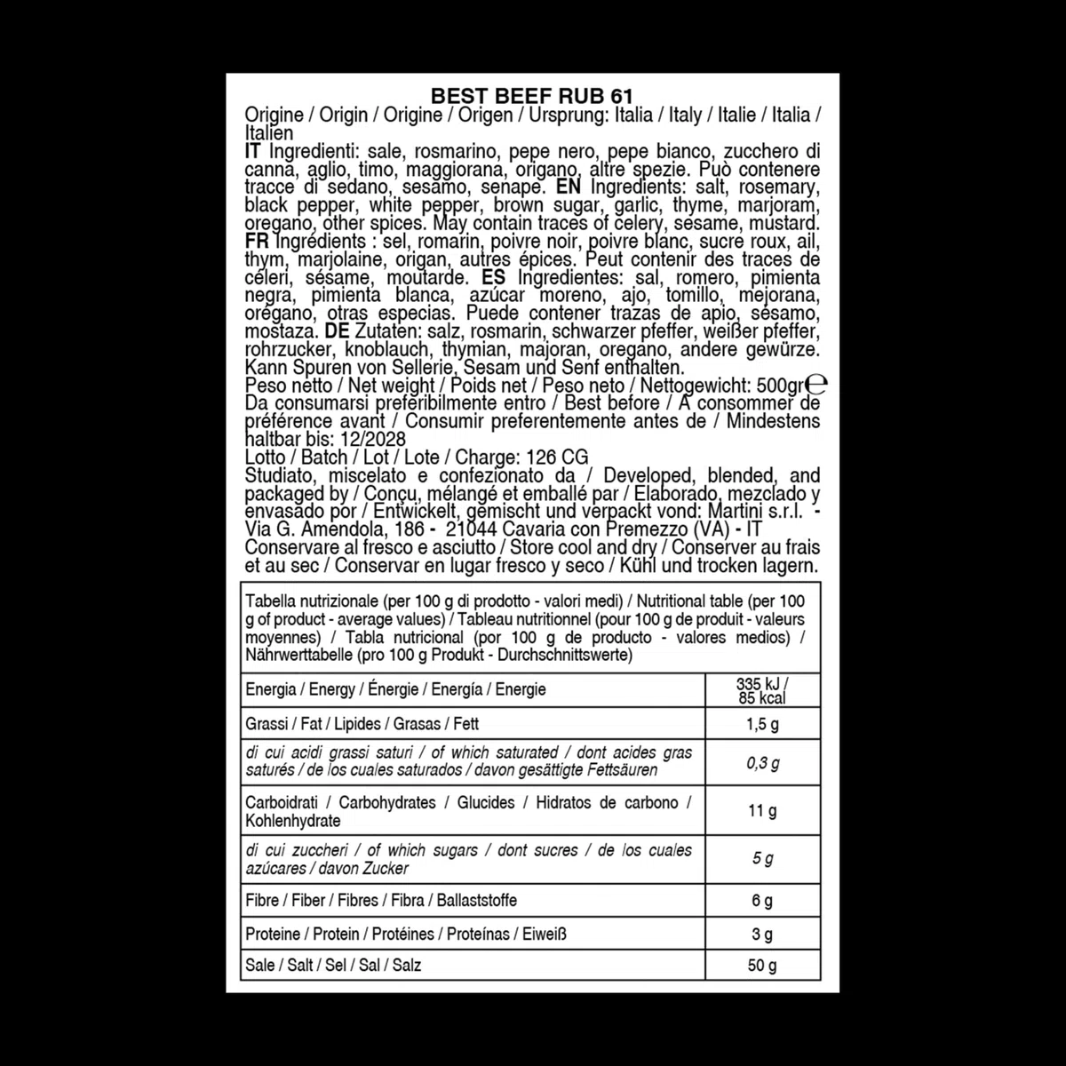 BBQ Best Beef Rub 61 Bembo – 500 g - Mix Spezie per Manzo Arrosto e Roast Beef – Rub Barbecue per Marinatura a Secco – Ideale per Forno, Griglia e BBQ - Made in Italy