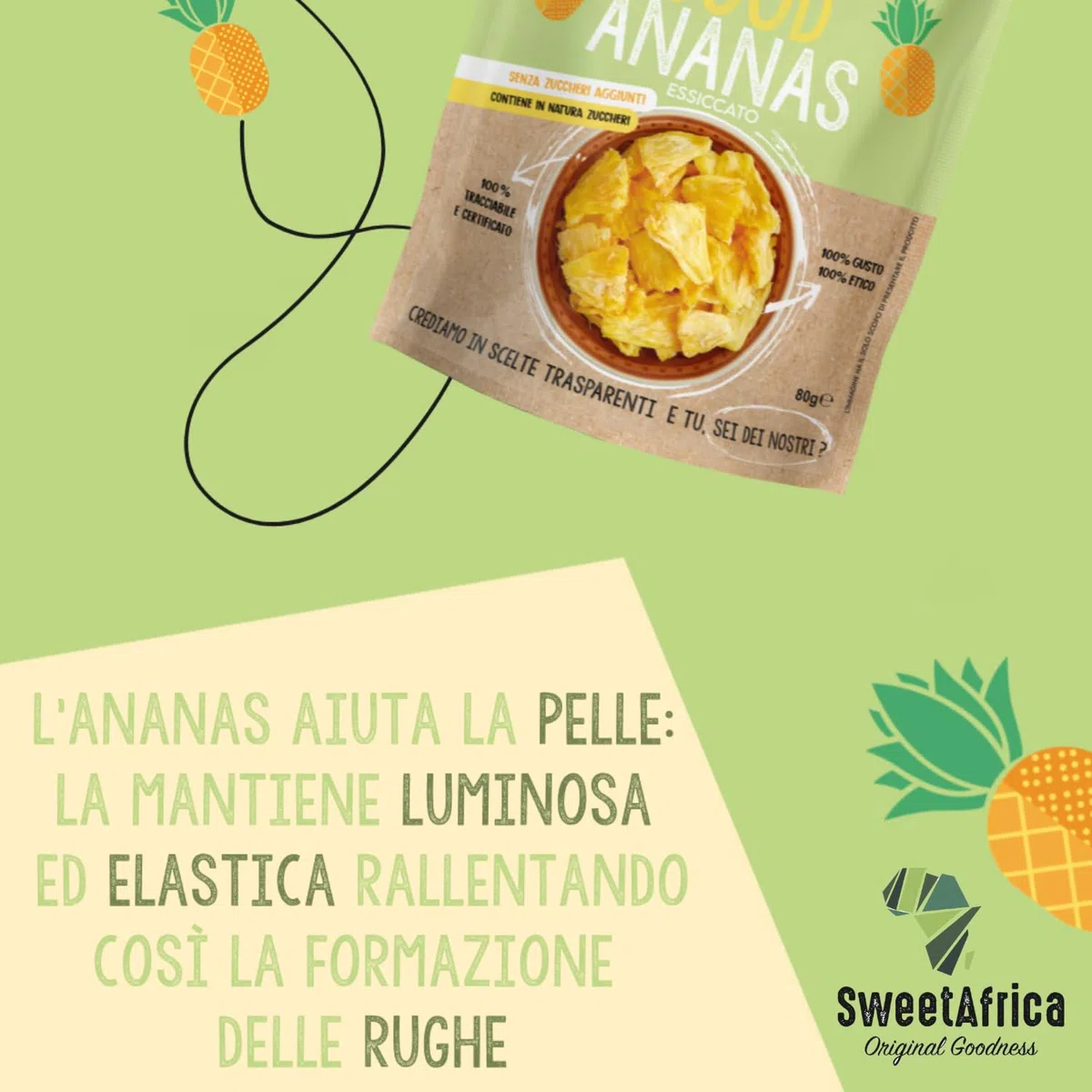 SweetAfrica - Good Ananas - Ananas essiccato a fette, senza zuccheri aggiunti, snack alla frutta essiccata - 200g x 6pz