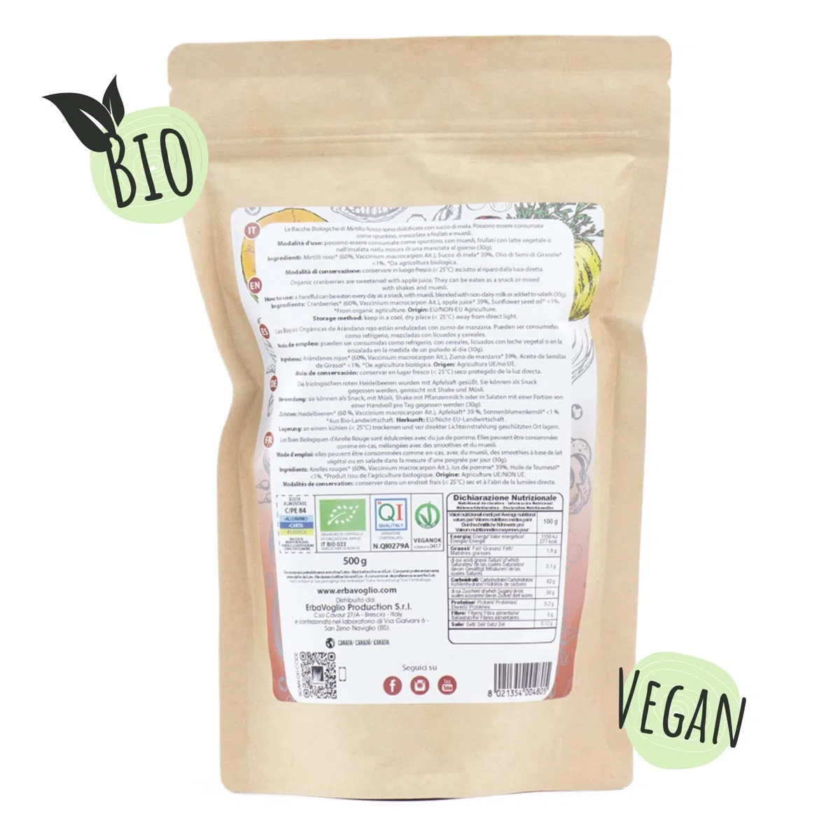 Erbavoglio Mirtilli Rossi Bio - 500 g - Alimento biologico - Antiossidanti protettivi per vie urinarie, infiammazione, cuore e difese naturali.