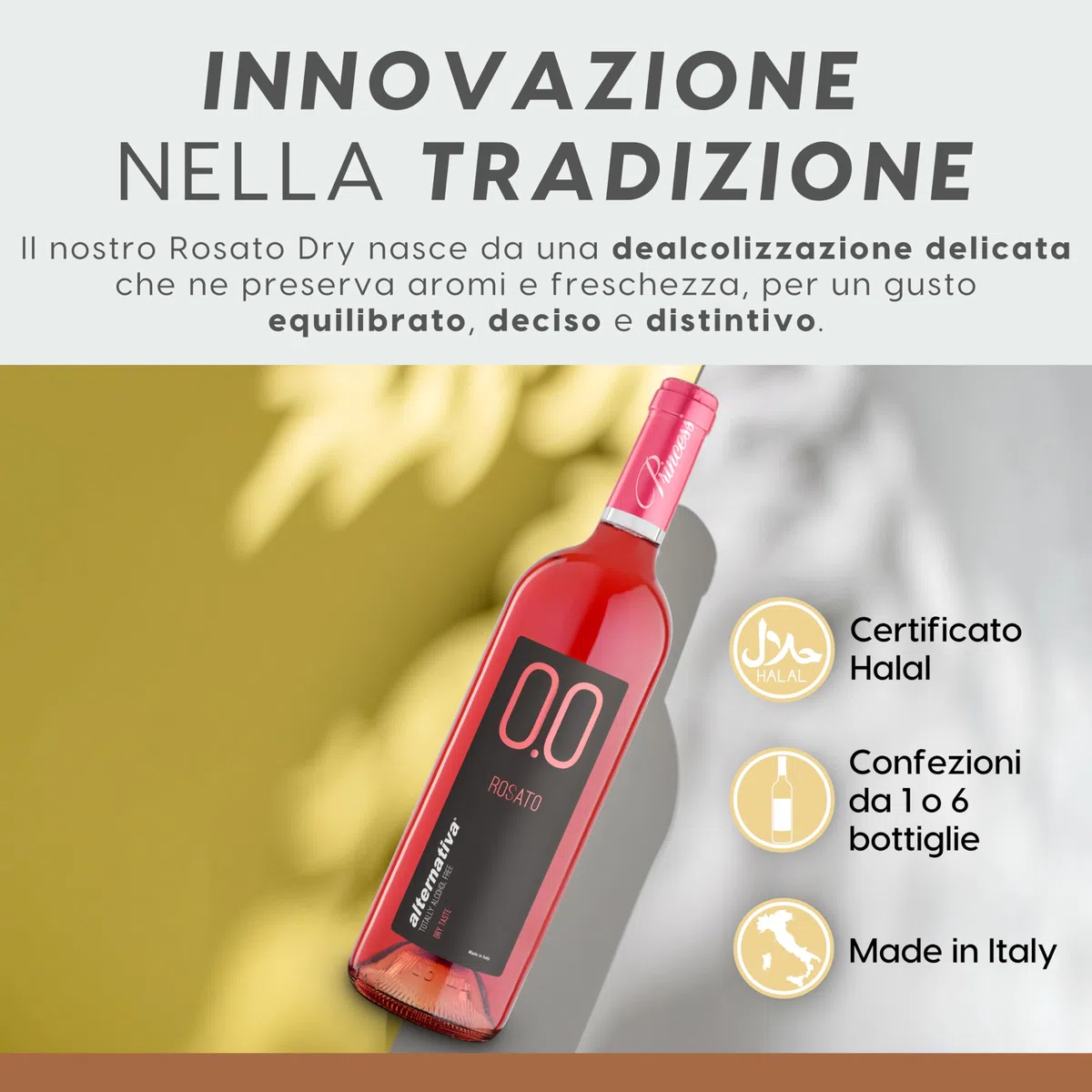 ALTERNATIVA Rosato Dry Analcolico 0.0% - Dealcolato Italiano Senza Alcol - Ideale per Celebrazioni e Regali - Bottiglia da 750ml Alcool Free
