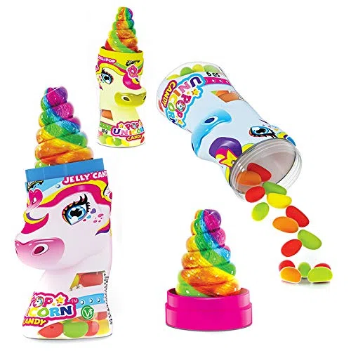 Joygum UNICORN POP CANDY lollipop & jelly candy 18 PZ, gustoso lecca-lecca arcobaleno con caramelle jelly beans alla frutta ; espositore 18 pezzi da 50gr