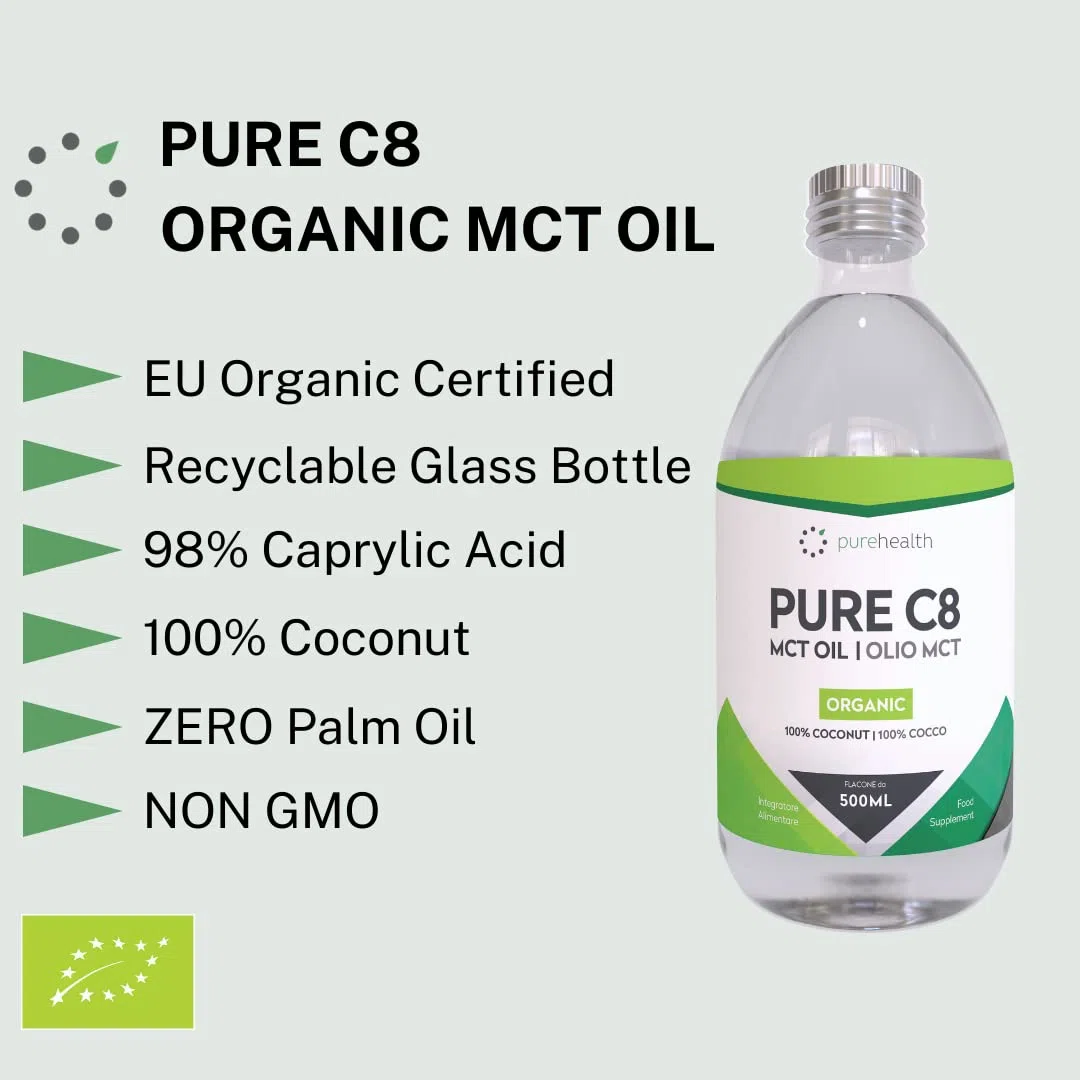 Premium Organic 100% Cocco Olio MCT | Acido Caprilico C8 | Non-GMO | Paleo | Paleo | Dieta Keto | Vegan | Senza glutine | Bottiglia di vetro | Aggiungi a "Caffè antiproiettile". (500ml Biológico C8)