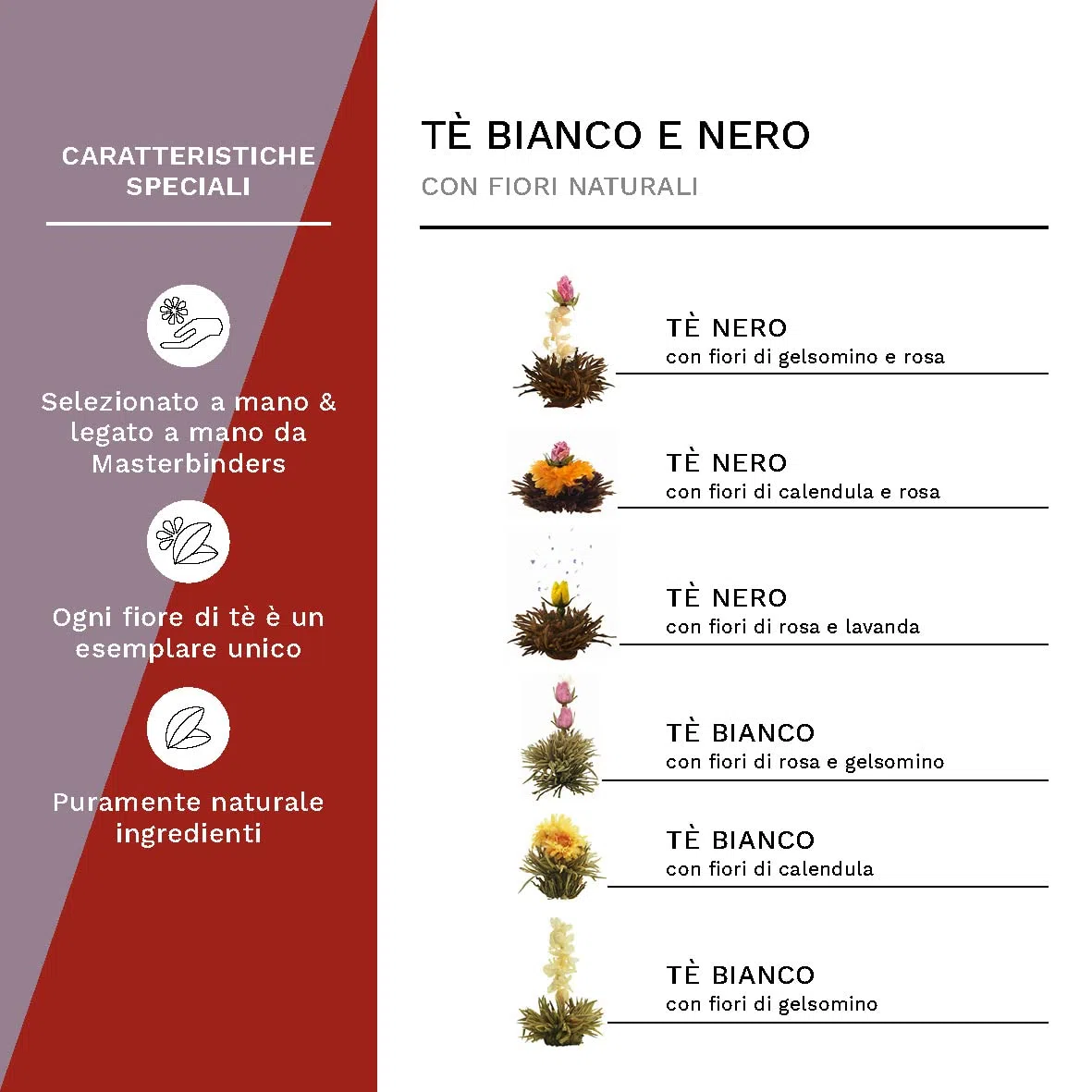 Creano – Mix di fiori di tè – Set Regalo Té Fiorito con bricco di vetro 500ml - Variazioni di 3x Tè bianco e 3x Tè nero (6 tipi diversi)