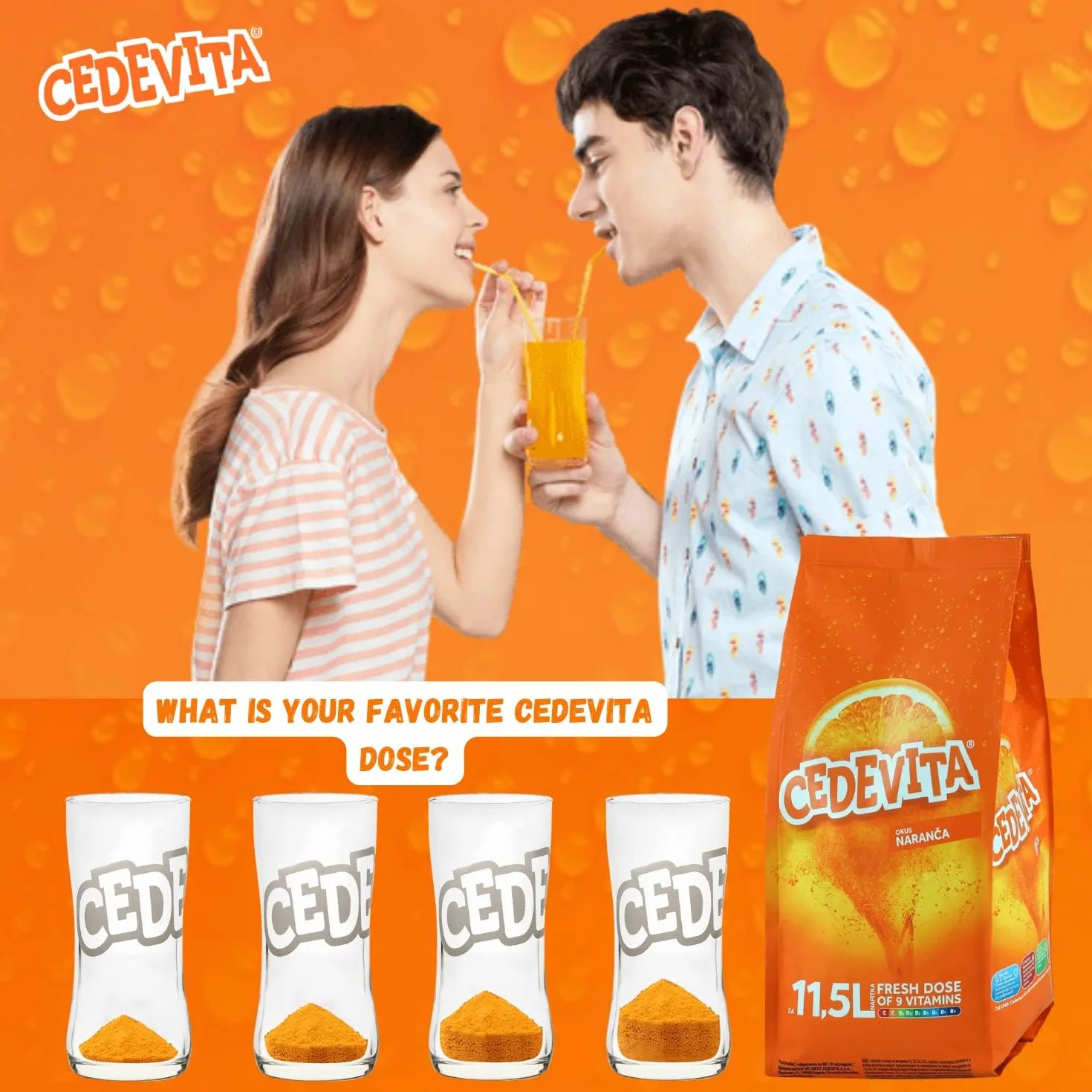 Cedevita orange 2 x 1 kg di polvere effervescente naranca con 9 vitamine per bevande analcoliche da 26 litri