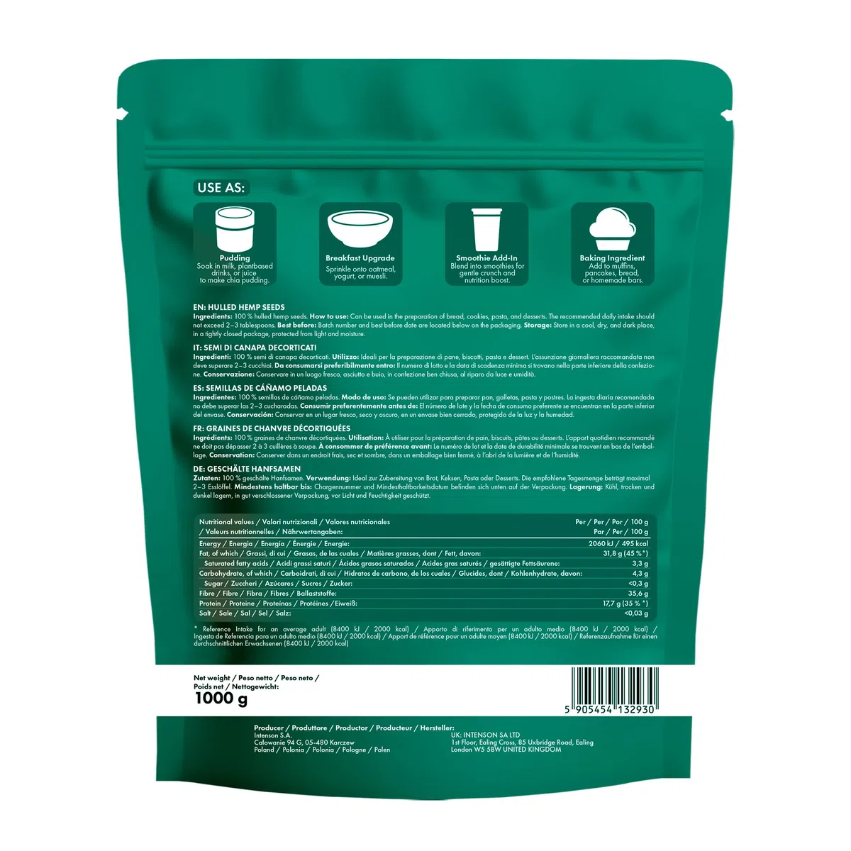 Intenson Semi di Canapa Decorticati, 1000 g, Ricchi di Proteine e Omega, Vegani e Adatti alla Dieta Keto, Naturalmente Senza Glutine, Senza Additivi