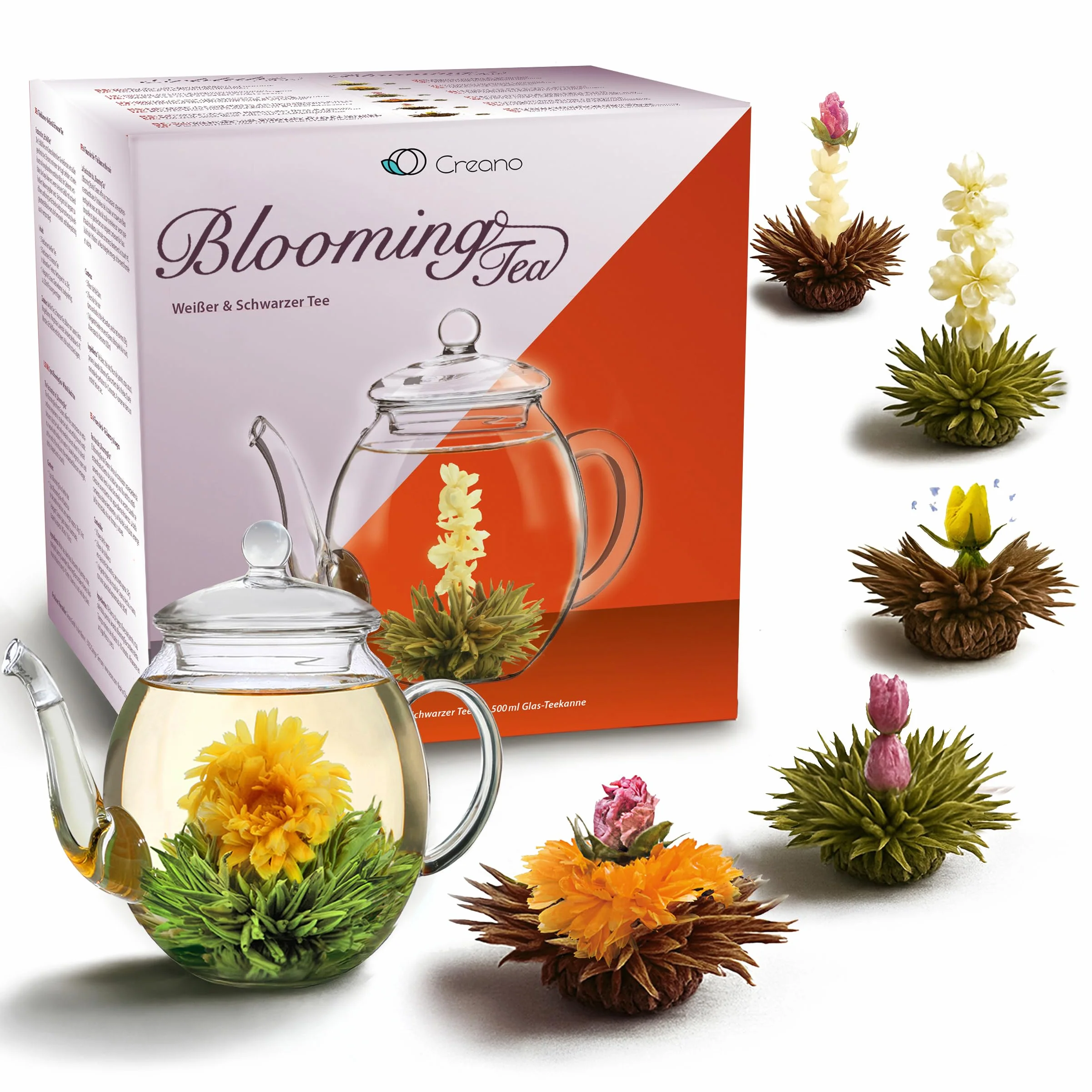 Creano – Mix di fiori di tè – Set Regalo Té Fiorito con bricco di vetro 500ml - Variazioni di 3x Tè bianco e 3x Tè nero (6 tipi diversi)