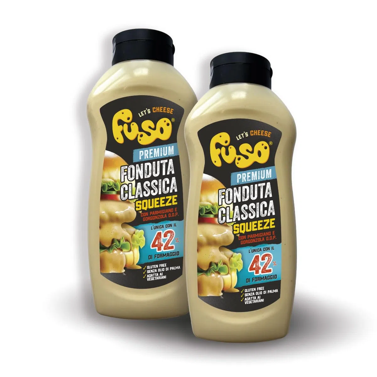 Aperisnack® - AP05.006.15X2 - Kit 2 Bottiglie di Formaggio FUSO Squeeze, da 950g, Fonduta Classica, Pronto all'uso con Parmigiano Reggiano e Gorgonzola D.O.P.