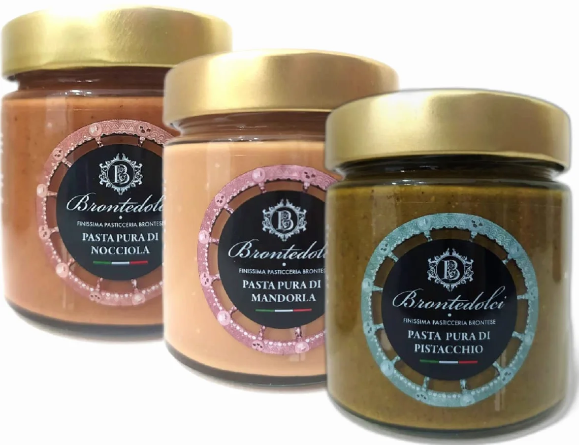 Brontedolci - TRIS DI PASTE PURE 100% - Pasta Pura di Pistacchio - Pasta Pura di Nocciola - Pasta Pura di Mandorle - 3x190gr.