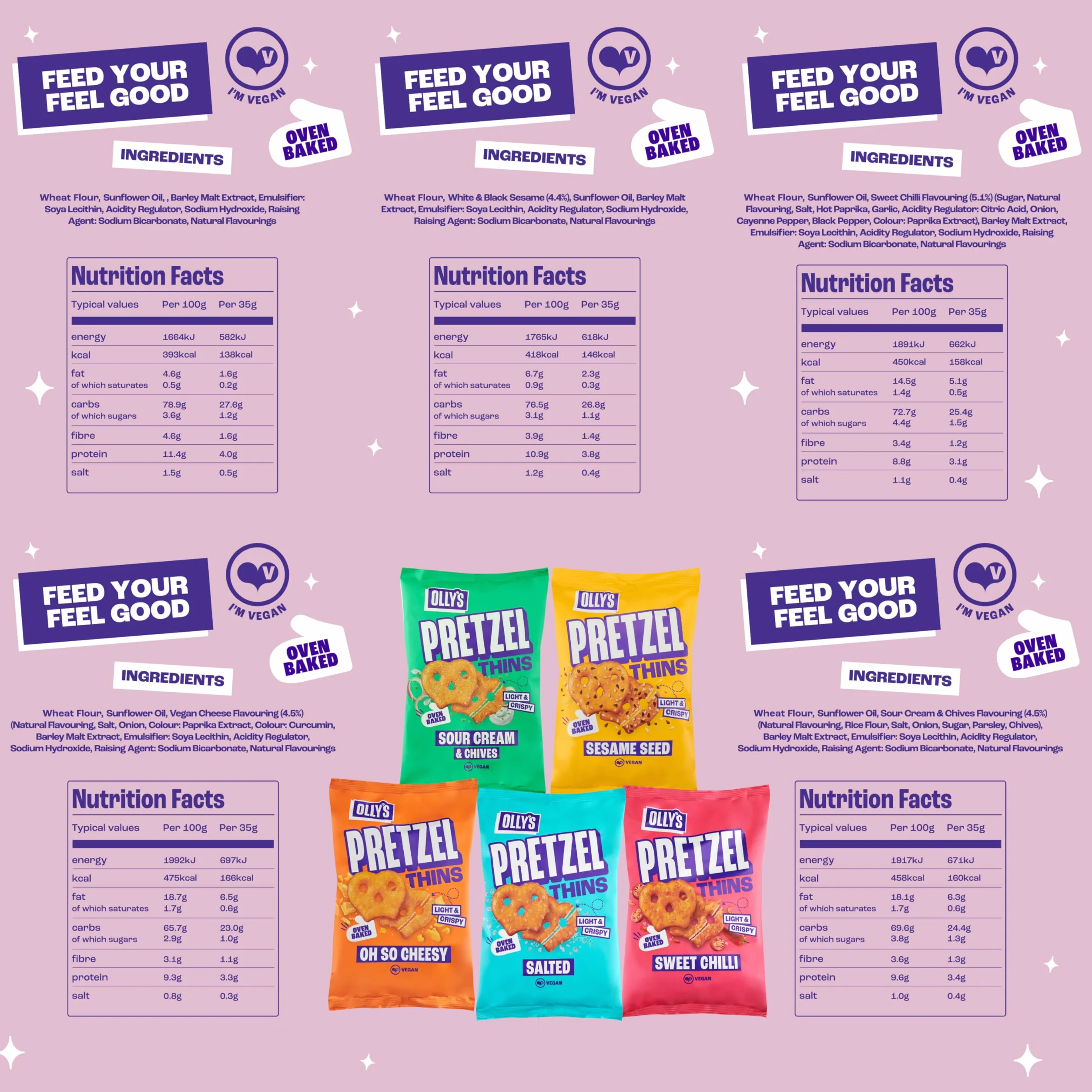 Olly's Pretzel Thins, nuova confezione varietà, 35 g (confezione da 10), x2 salati, x2 semi multipli, x2 panna acida, 2 peperoncini dolci x2 formaggio, snack ipocalorici, basso contenuto di grassi,
