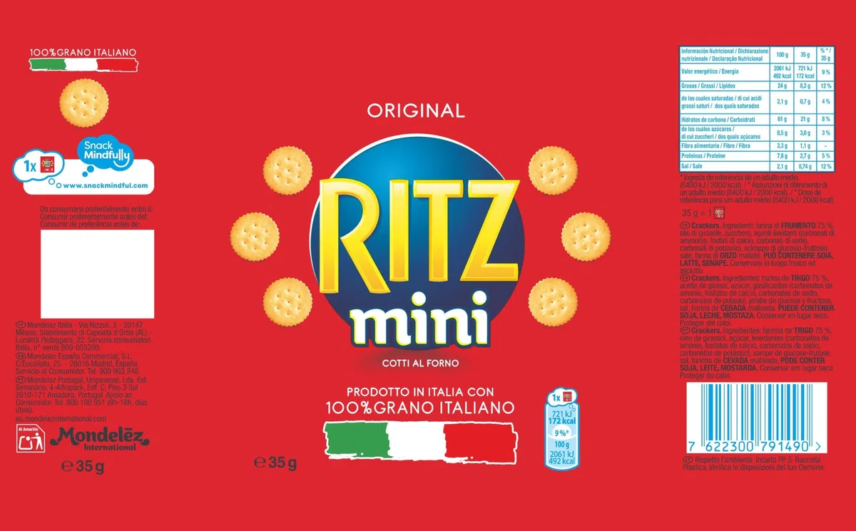 Ritz Mini Original Crackers 100% Grano Italiano, Cotti al forno, 50 bustine da 35 g