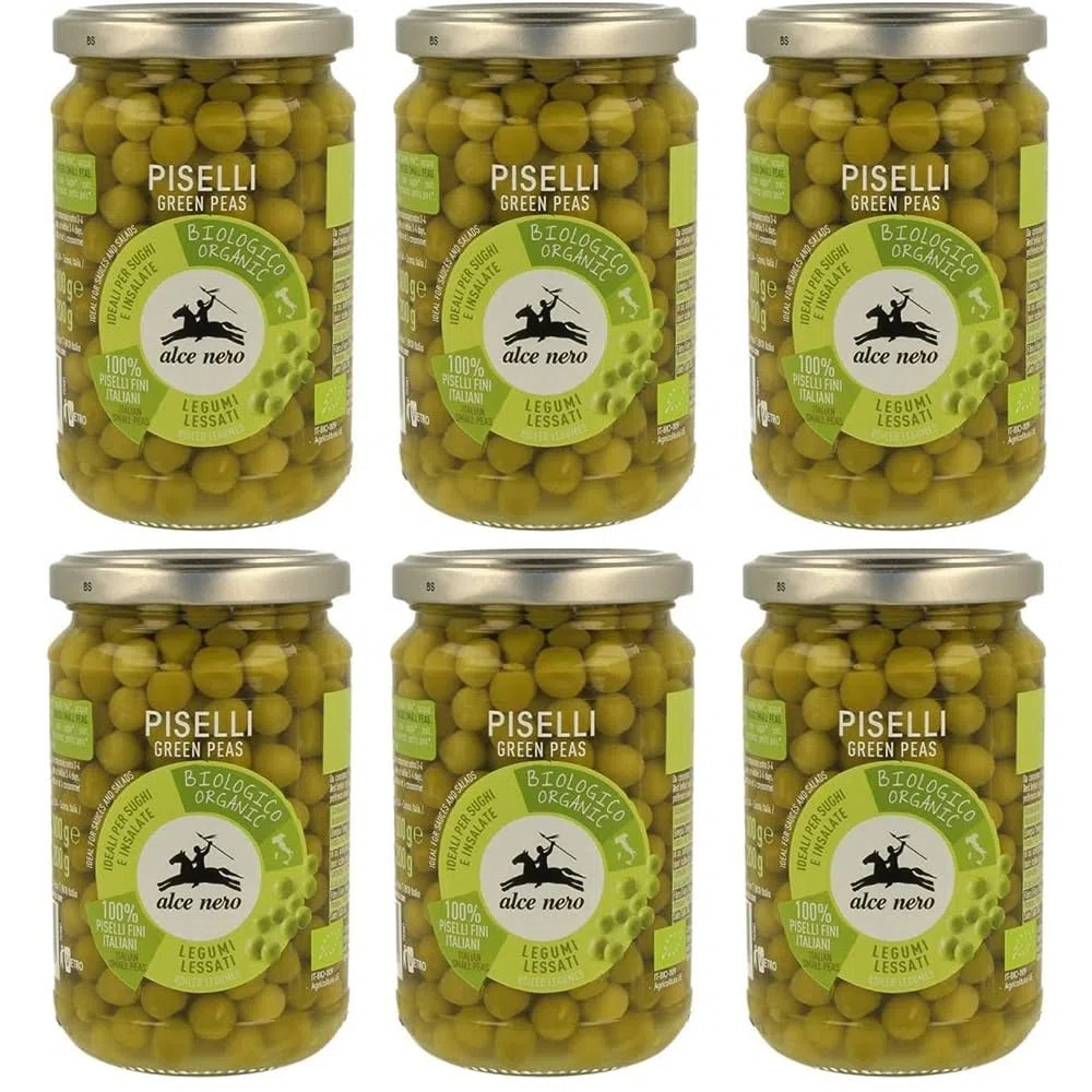 Alce Nero Piselli Biologici, Lessati in Vetro, Confezione da 6 x 300gr