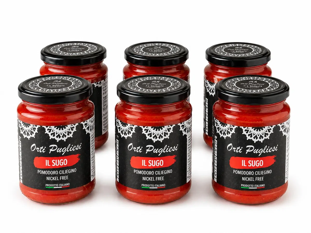 Il Sugo di Pomodoro Nickel Free, Orti pugliesi, Pomodori Ciliegini Senza Nickel 100% Italiani, Box da 6x280gr barattoli di vetro