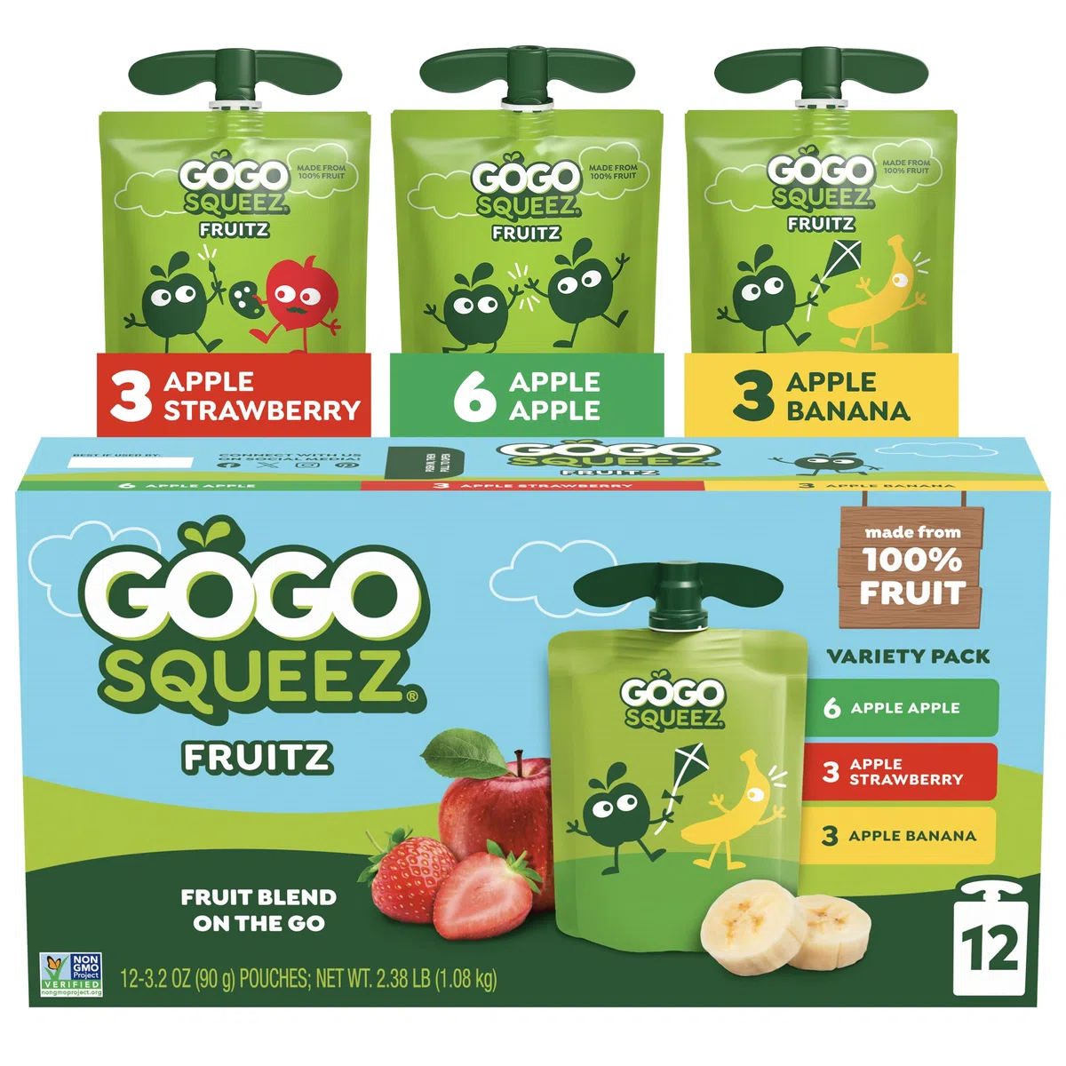 GoGo squeeZ Fruit on the Go Variety Pack, Apple, Banana & Strawberry, 3.2 oz (Pack of 12), Unsweetened Fruit Snacks for Kids, Gluten Free, Nut Free and Dairy Free, Recloseable Cap, BPA Free Pouches