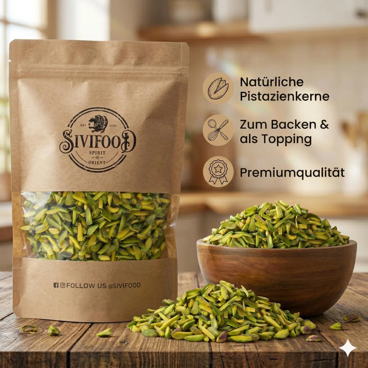 SIVIFOOD Pistacchi a bastoncino superverdi 250g – Pistacchi spezzettati naturali per cucina, pasticceria, decorazione e guarnizione – Qualità premium per dolci e piatti salati