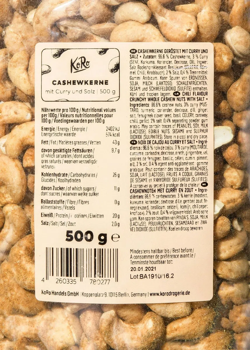 KoRo - Anacardi con Curry senza esaltatore di sapidità 500 g - Snack a base di anacardi raffinato con spezie