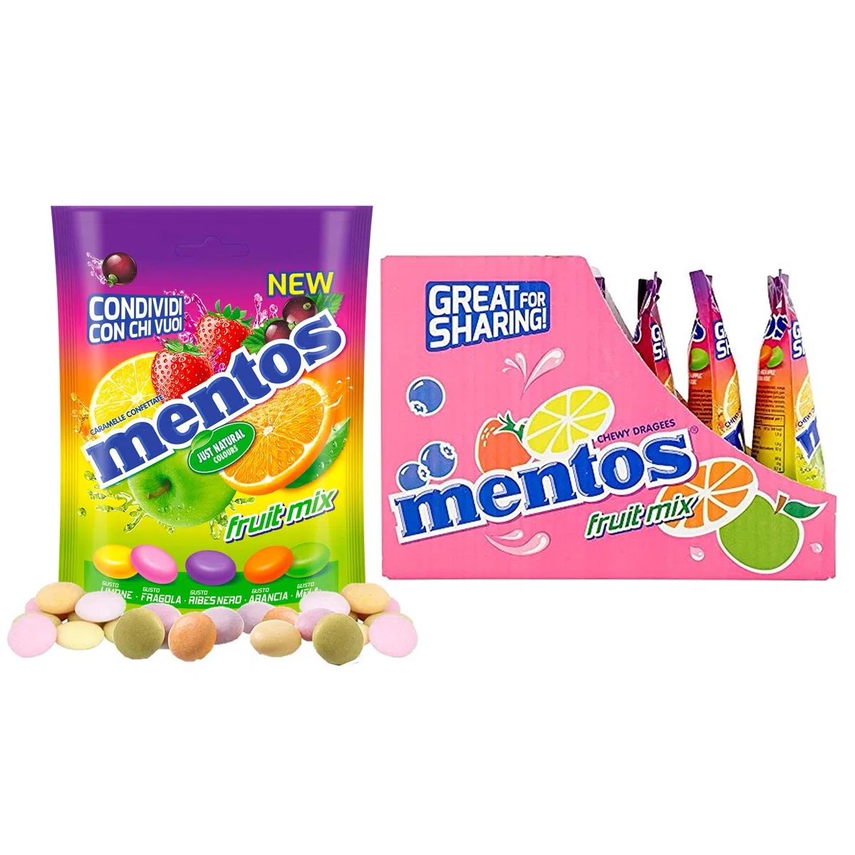 Mentos Fruit Mix, Caramelle Confettate, Gusto Limone, Fragola, Ribes Nero, Arancia, Mela Verde, Confenzione con 7 Buste Richiudibili, Formato Pratico e Comodo da portare Sempre con Te