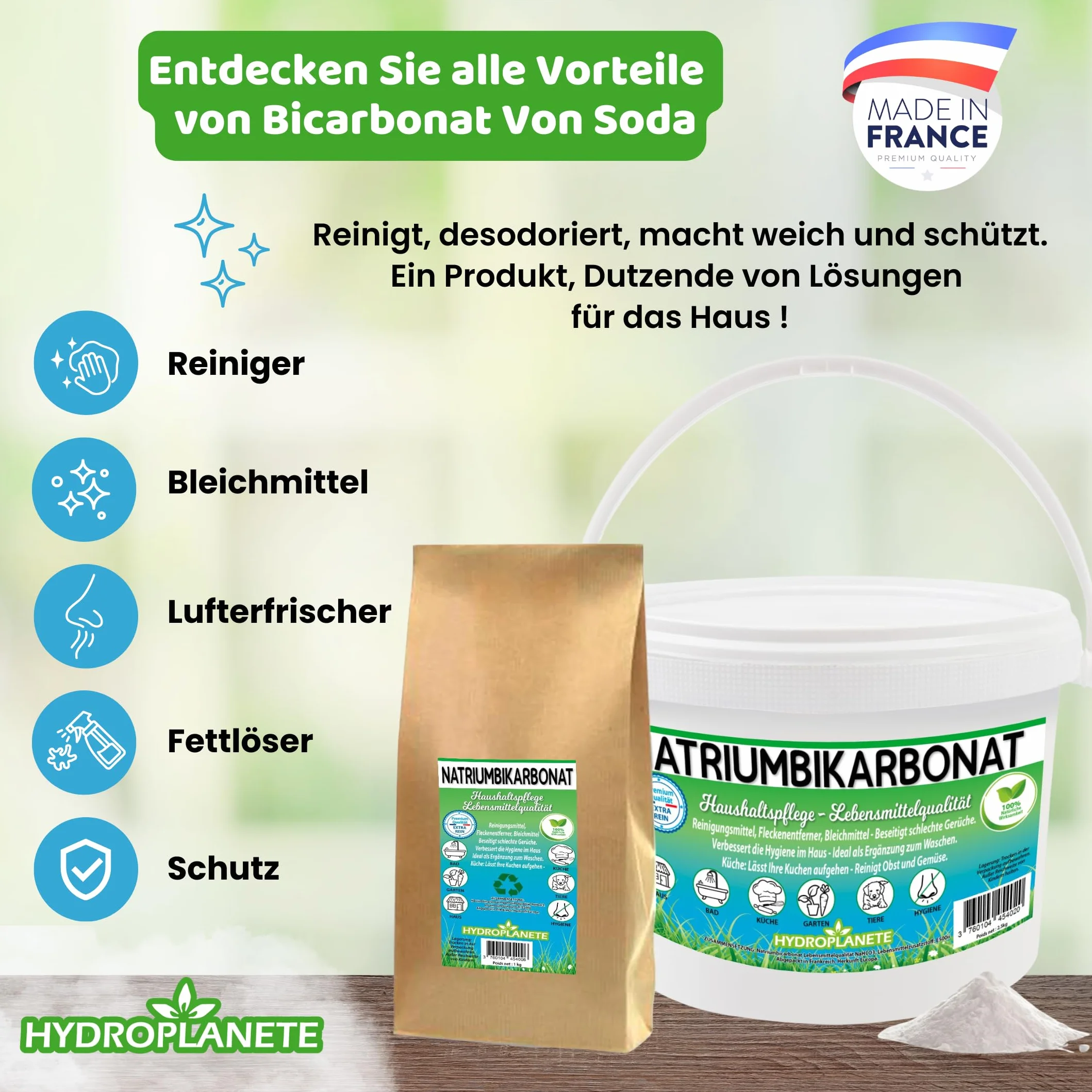 Bicarbonato di sodio multiuso - Polvere per uso alimentare e domestico - Senza additivi e 100% naturale - Prodotto in Francia - Disponibile da 1 kg a 20 kg - Hydroplanete