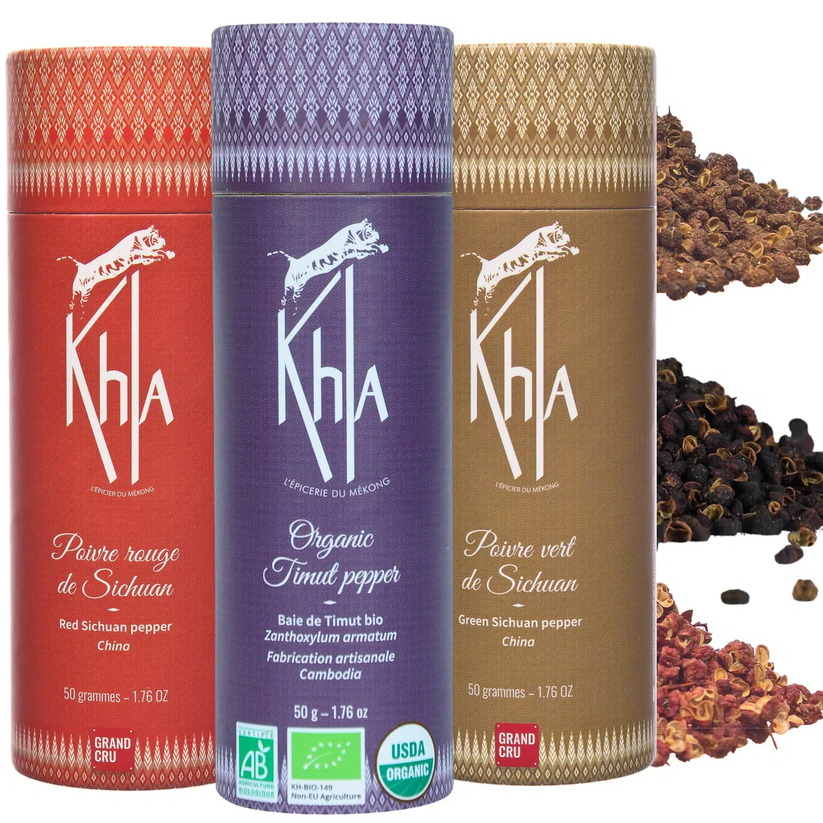 Khla - Confezione Trio di Pepi Rari - Sichuan & Timut in Grani - Cofanetto Regalo Cucina - Bacche di Sichuan Rosso e Verde - Spezie Pepe dal Mondo - Ricarica per Macinino - Asia Cina Nepal