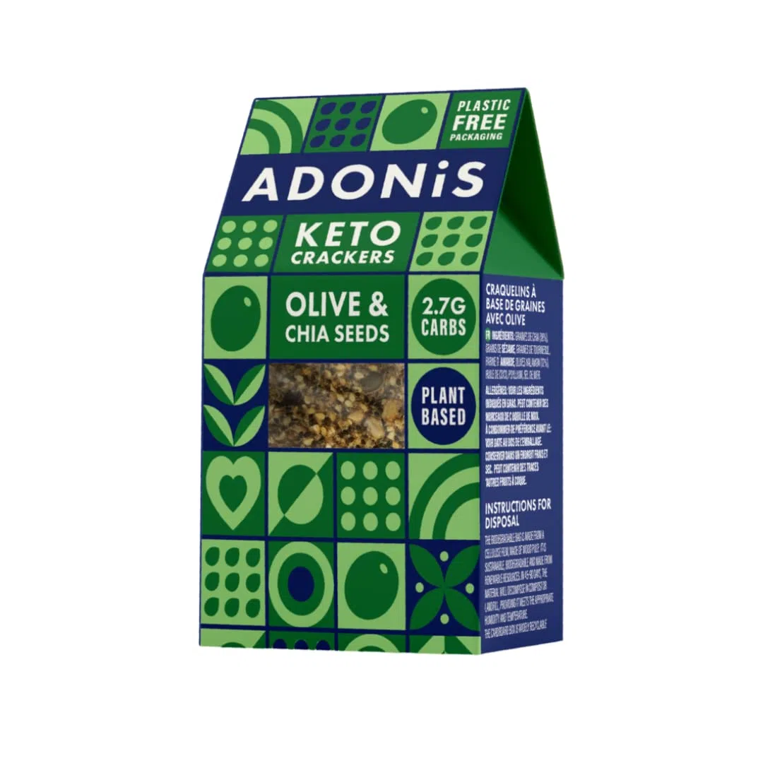Cracker Proteici Adonis Keto alle Olive e Semi di Chia (confezione da 10 x 60g) |Vegano & Keto Friendly | 100% Naturale | Senza Glutine, Senza Zuccheri, Senza Olio di Palma,