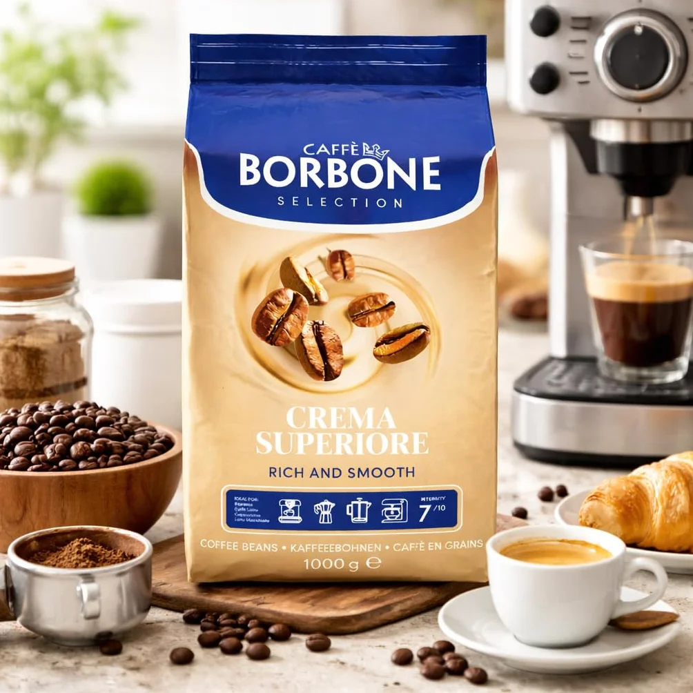 Caffè Borbone, chicchi di caffè tostati - Crema Superiore - Espresso napoletano autentico - Intensità 7/10 - Miscela potente e raffinata con note di cioccolato al latte e vaniglia - Confezione da 1 kg