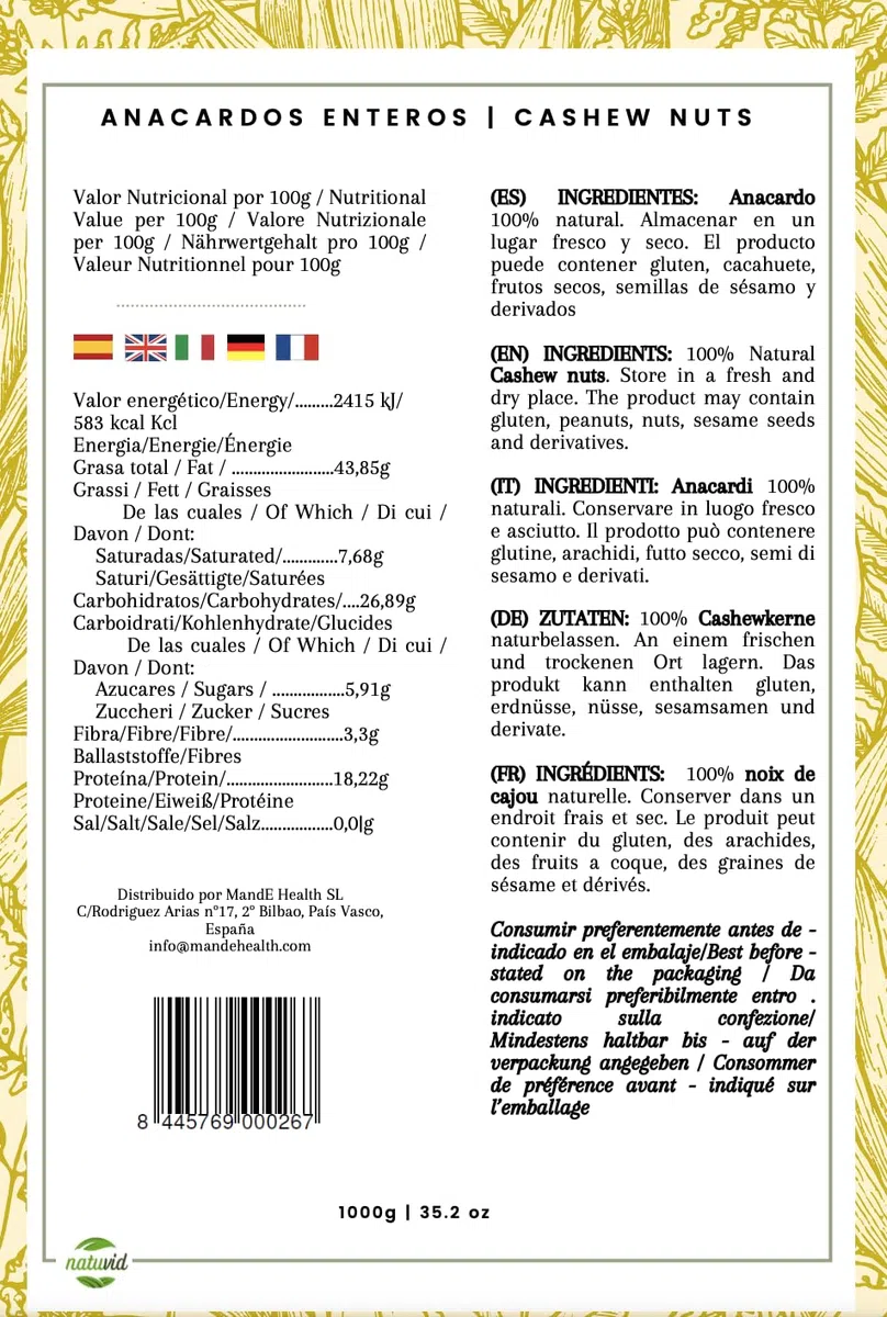 Natuvid Anacardi al Naturale (Interi) | 100% Pura Qualità Cruda (Non Tostati & Non Salati) | Ideali per Cucina Vegana, Formaggi Vegetali & Salse | Vegan