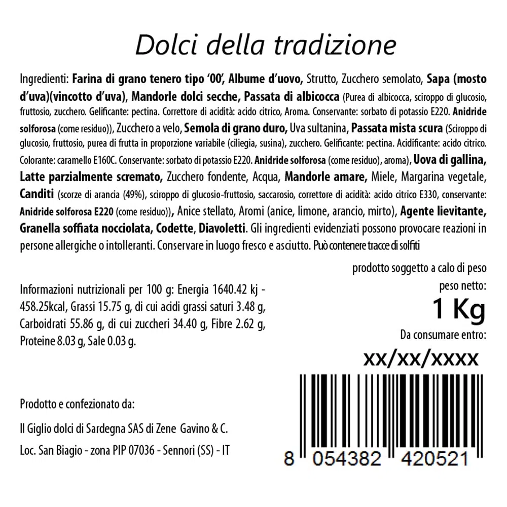 DOLCI DELLA TRADIZIONE - Mix di Biscotti Artigianali assortiti della tradizione Sarda - Pasticceria Artigiana Il Giglio Dolci di Sardegna - Confezione rigida riciclabile 1Kg