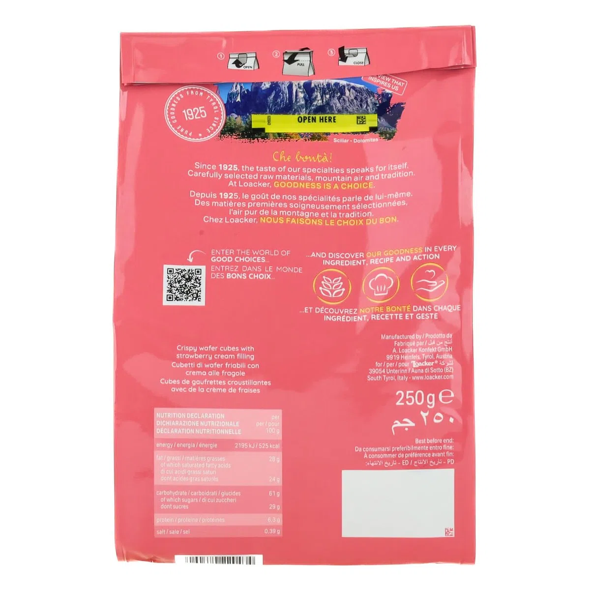 Loacker, Quadratini Fragola, Wafer Croccanti con 5 Strati di Cialde Farcite con Crema alla Fragola, Snack per Colazione, Senza Aromi e Coloranti, Pratica Confezione Apri e Chiudi, 1 Confezione da 250g